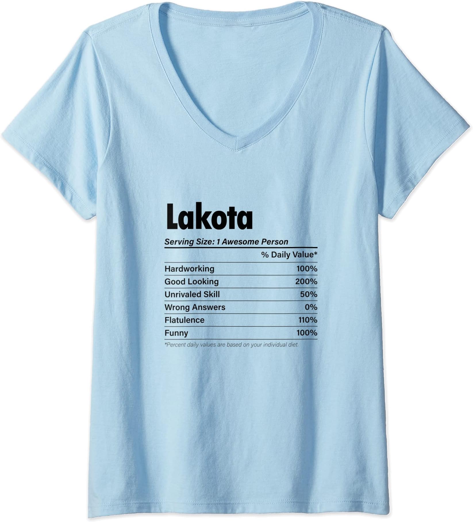 Womens LAKOTA Nutrition Facts | Funny Name Definition - Graphic V-Neck T-Shirt