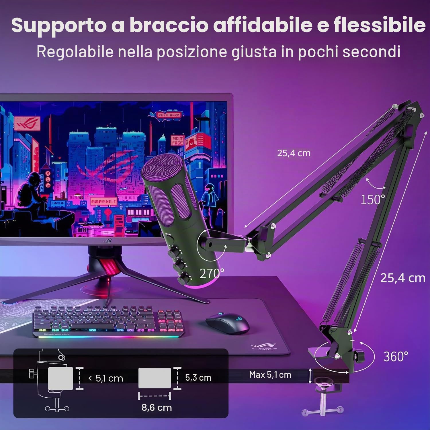 Ortizan Microfono da gioco USB, microfoni a condensatore per PC, PS4/5 e Mac, microfono podcast con cancellazione del rumore con muto, riverbero, monitoraggio, braccio regolabile, filtro per streaming