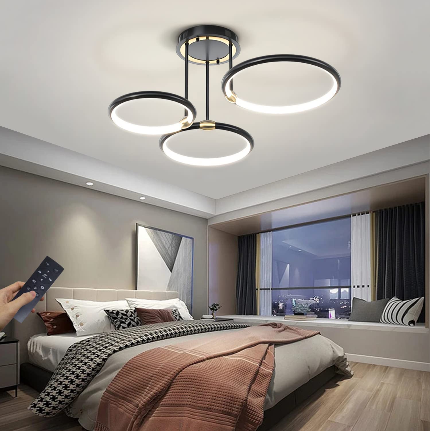Led Ceiling Light Dimmable Ceiling Lamp Black Modern Living Room Lamp With Remote Control Metal Acrylic Ring Design Lighting for Bedroom Living Room Kitchen Dining Room Chandelier 3-Ring,47W,70cm — image 1