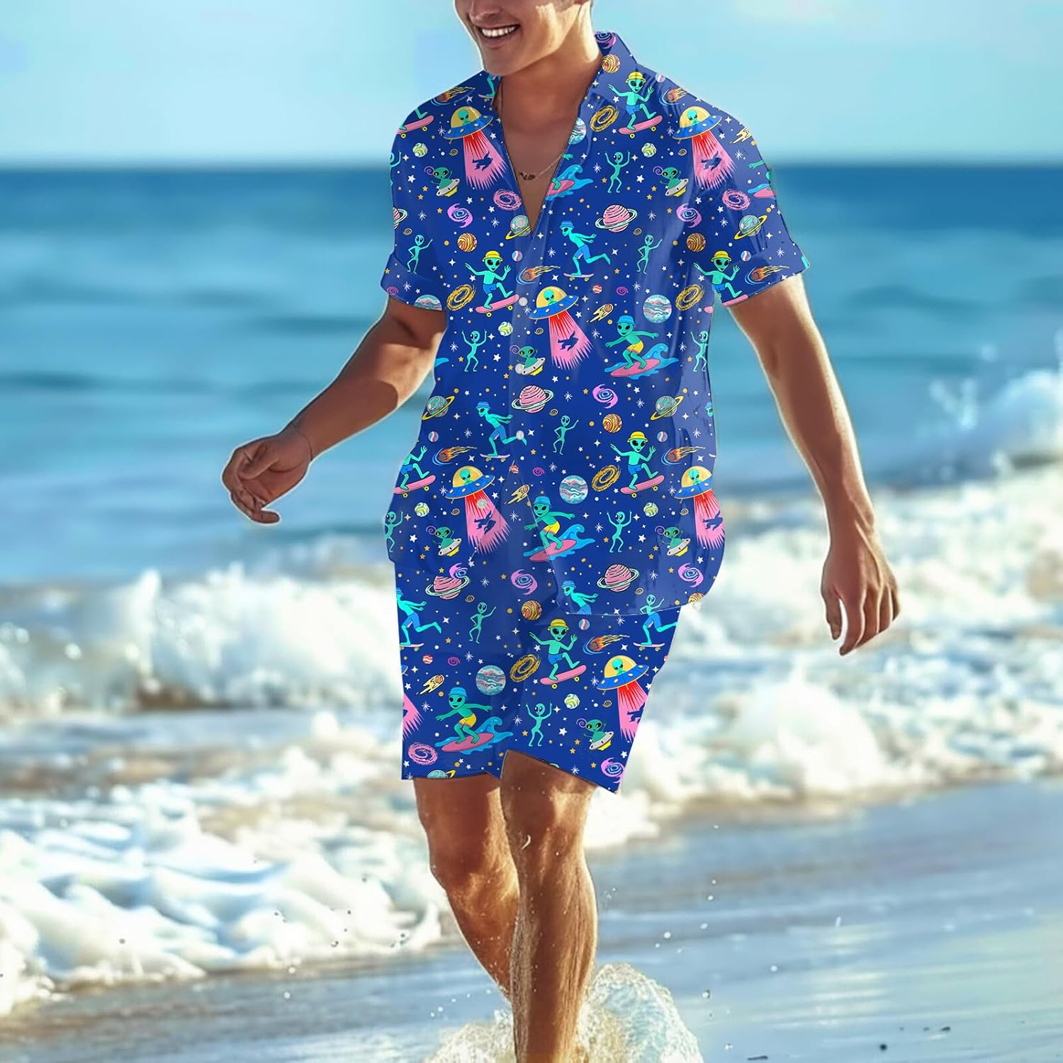 80s 90s Men's Hawaiian Outfits 2 Piece Shirt and Shorts Sets Button Down Beach Suits Disco Party - Image 3