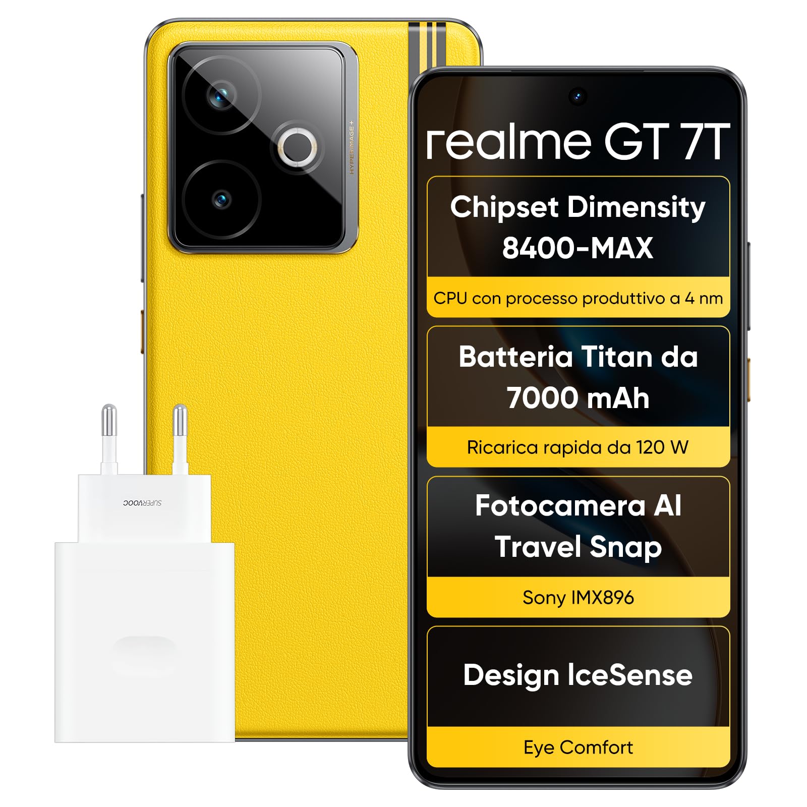 realme GT 7T Smartphone, 5G Dual SIM, 12GB RAM, 256GB ROM, 6,8" AMOLED Display, Dimensity 8400-MAX Chipsatz, 7000mAh Titan Akku, AI Travel Snap Kamera, IceSense Gelb (Adapter Enthalten)