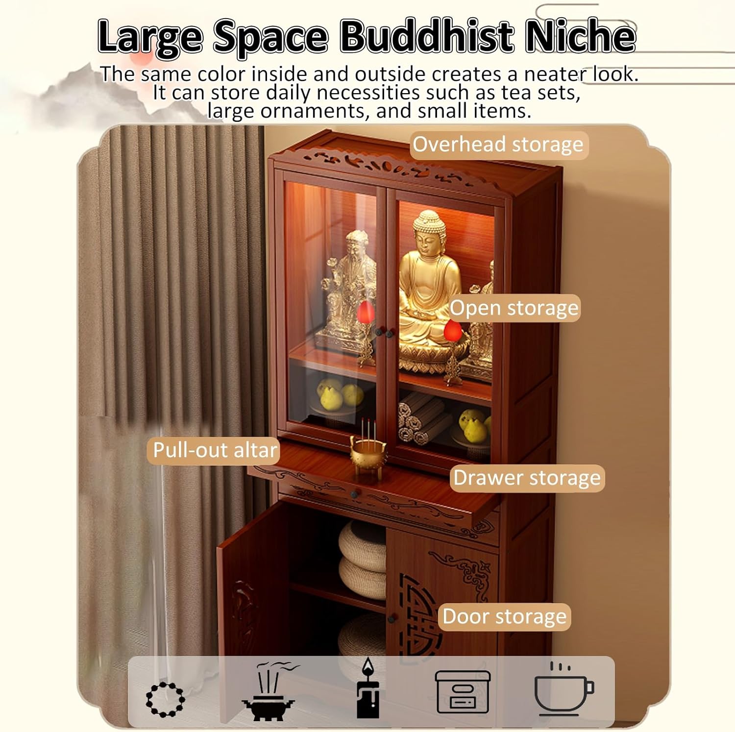 Bamboo Altar Cabinet Temple Altar Table Chinese Buddhist Cabinet Altar Table with Double Door Storage Buddhist Shrine Prayer Stand with Storage Drawer Offering Rack for Home Decor(20.87x12.99x66.93in)