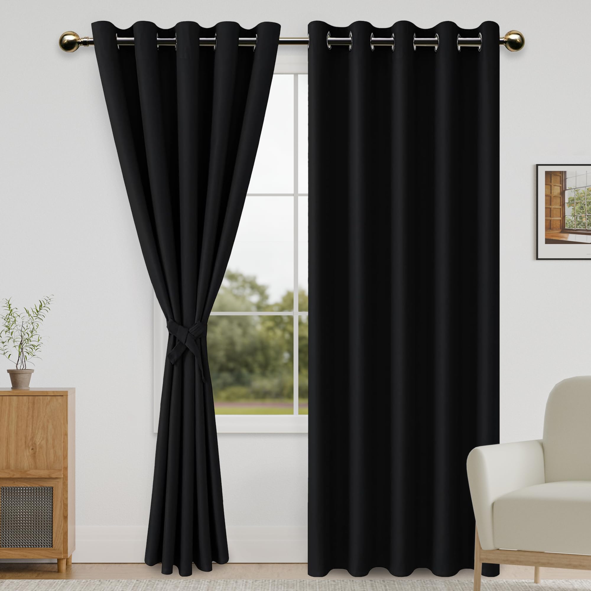 DWCN Black Blackout Curtains for Bedroom with Tiebacks - Thermal Insulated Light Blocking Grommet Window Curtains for Living Room, 60 x 84 inch Length