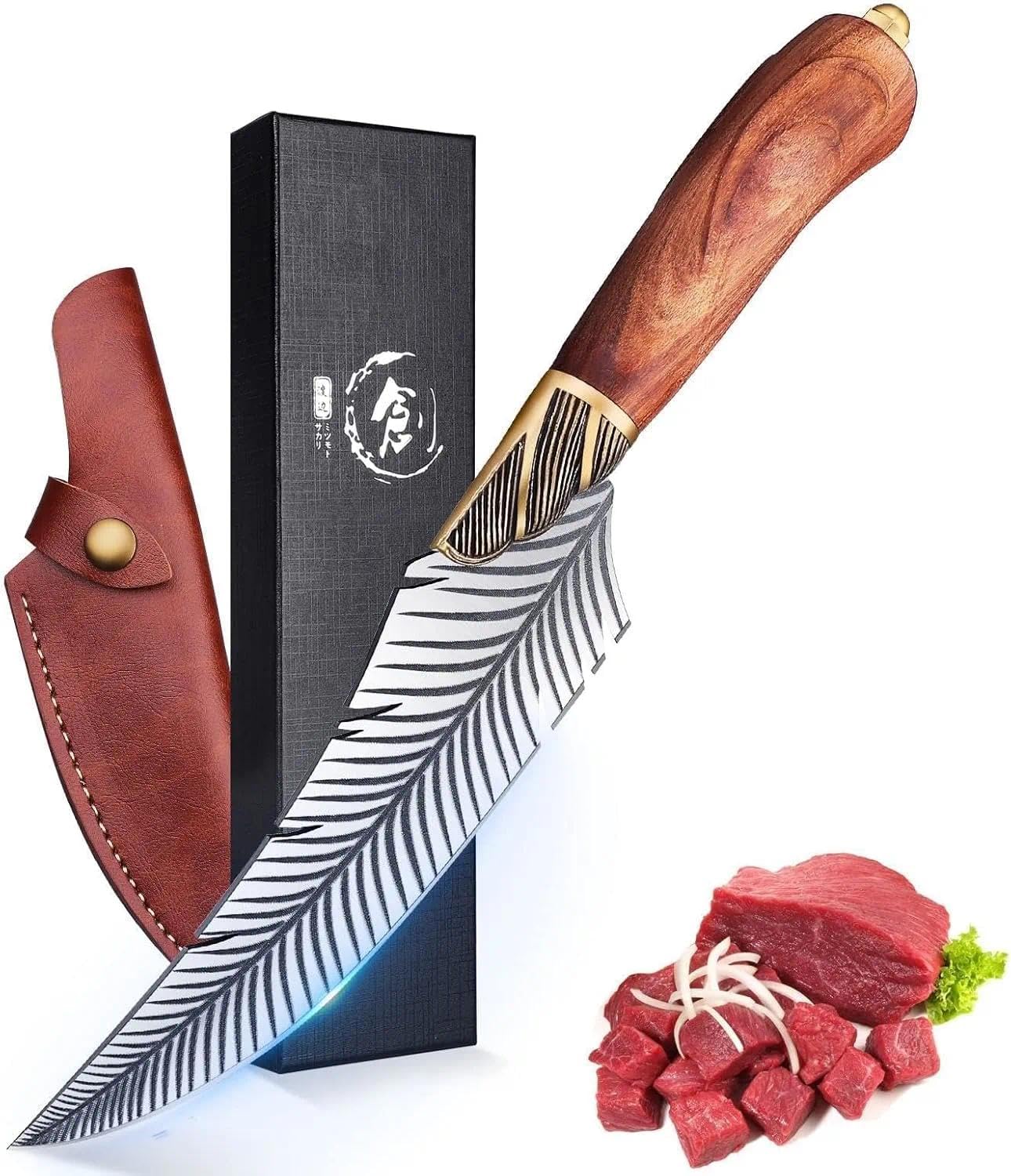 Dream Reach Feather Viking Boning Knife, 6 Inch Professional Viking Knife Meat Cleaver Full Tang Forged with Sheath Gift Box for Outdoor Camping Father's Day Gifts