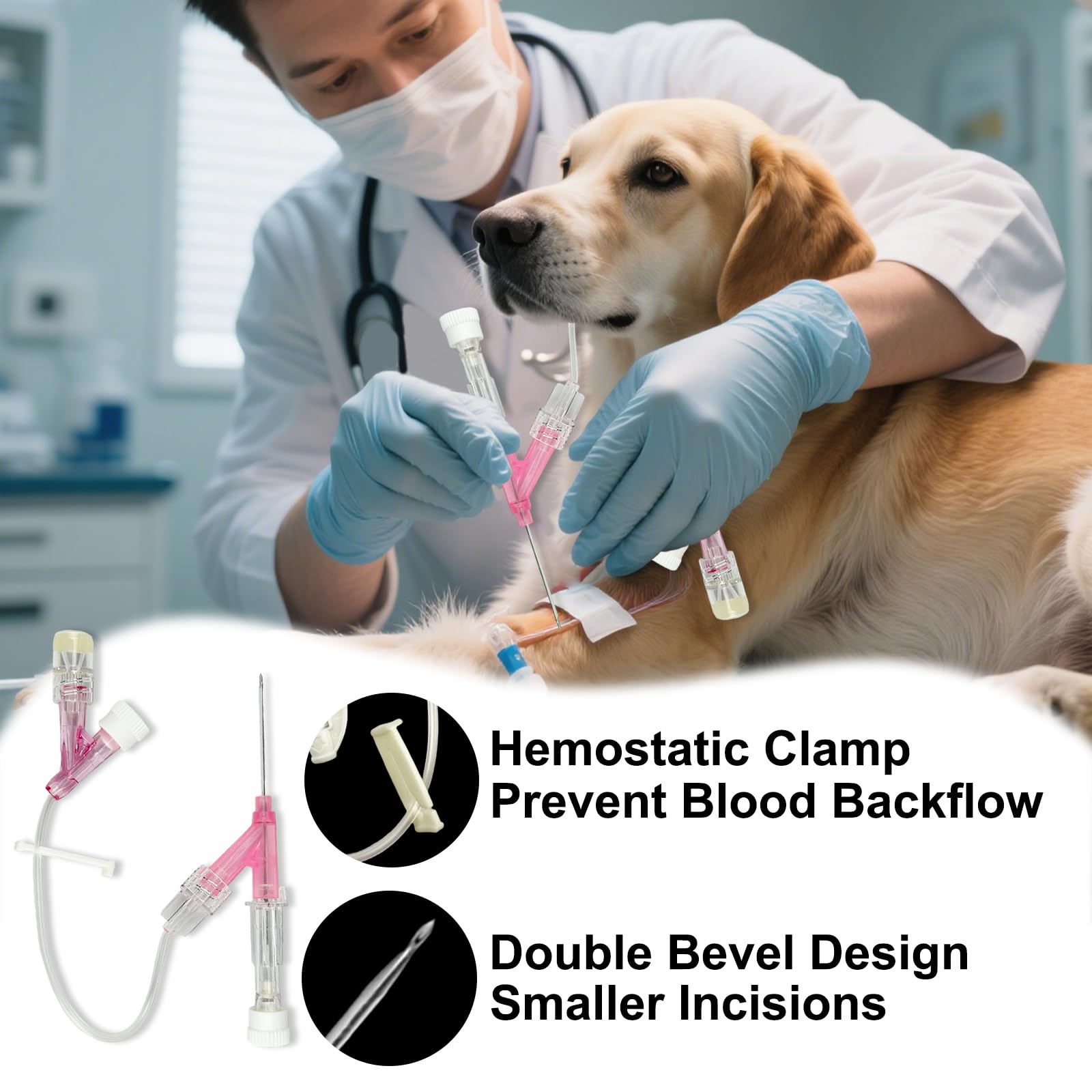 100 unidades de agujas veterinarias permanentes con tubo de extensión y pinza, catéter intravenoso veterinario, catéteres intravenosos veterinarios desechables, para animales de todos los tamaños.