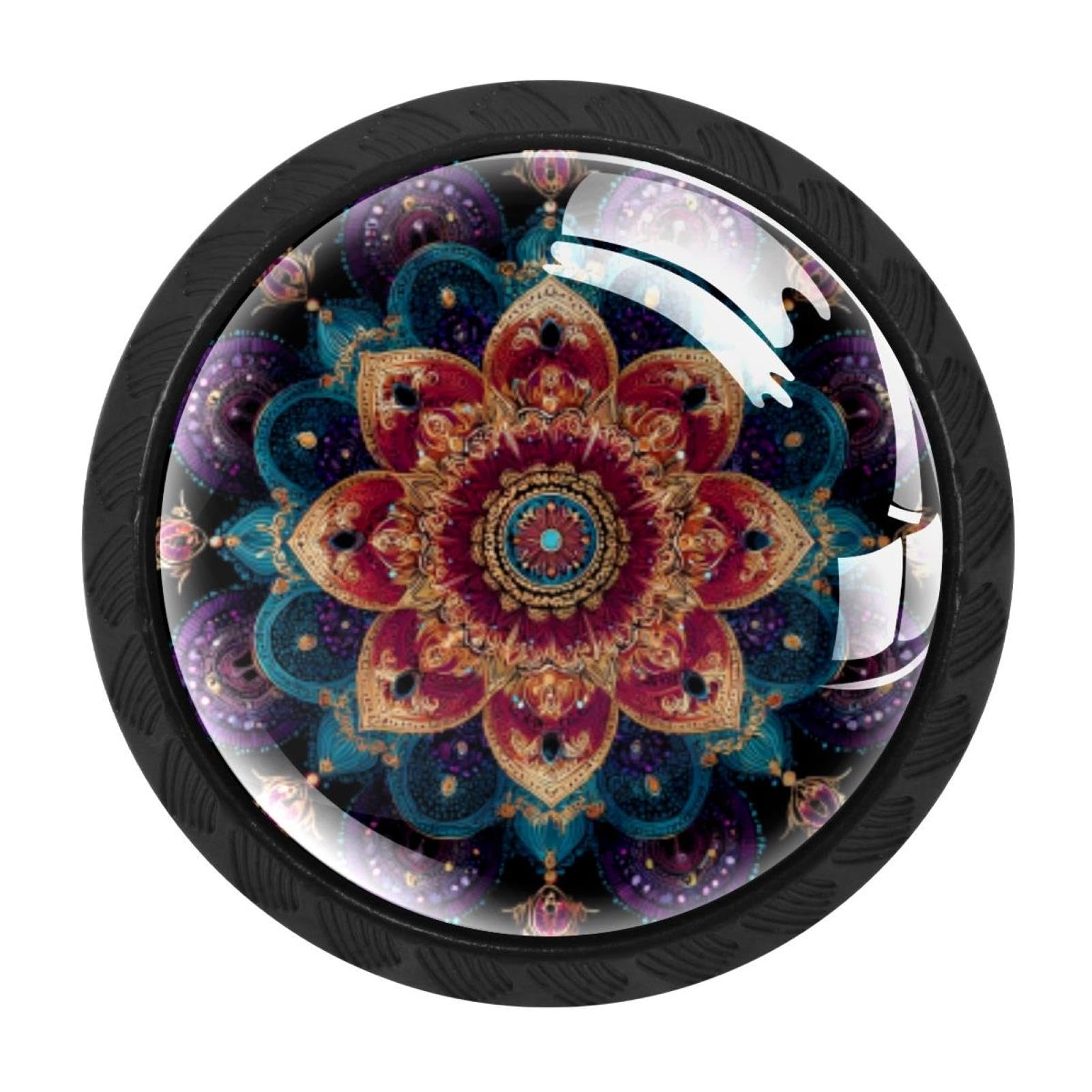 CHENZZZZ 4PCS Mandala Boho Indian Bohemia (2) Dresser Knob Round Glass Drawer Knobs Pulls Cabinet Handle for Home Kitchen Office Bathroom Wardrobe Cupboard