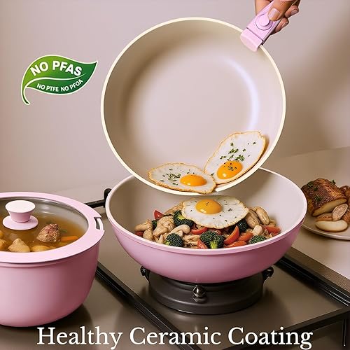 Miniatura 4 de Juego de ollas y sartenes antiadherentes, juego de utensilios de cocina de cerámica con mango desmontable, juego de cocina de camping RV con mangos