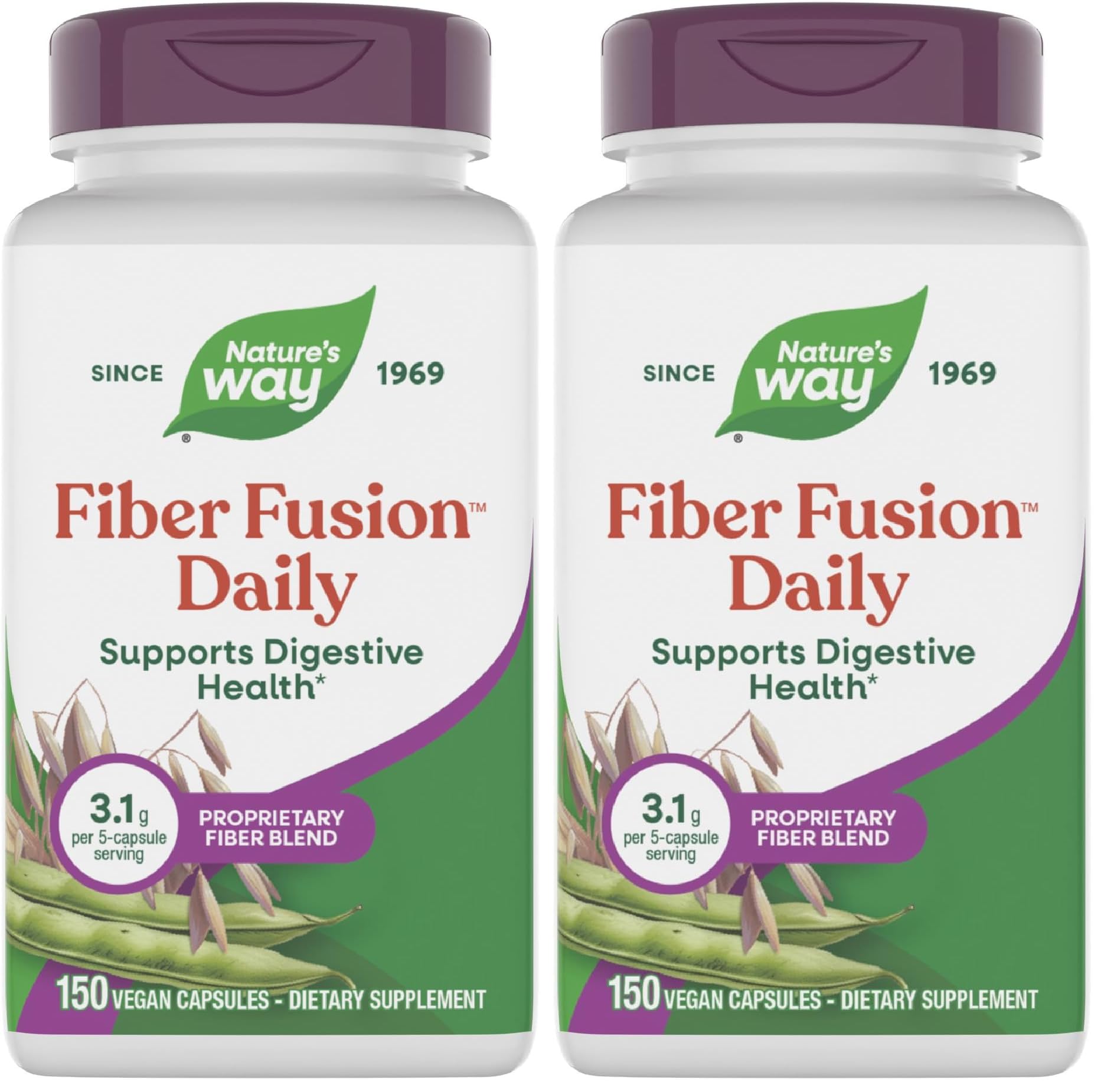 Nature's Way Fiber Fusion Daily, Psyllium Husk Capsules with Oat Bran, Guar Gum, Pectin, Digestive Health Support*, Vegan, 150 Capsules (Packaging May Vary),(Pack of 2) 150 Count (Pack of 2)