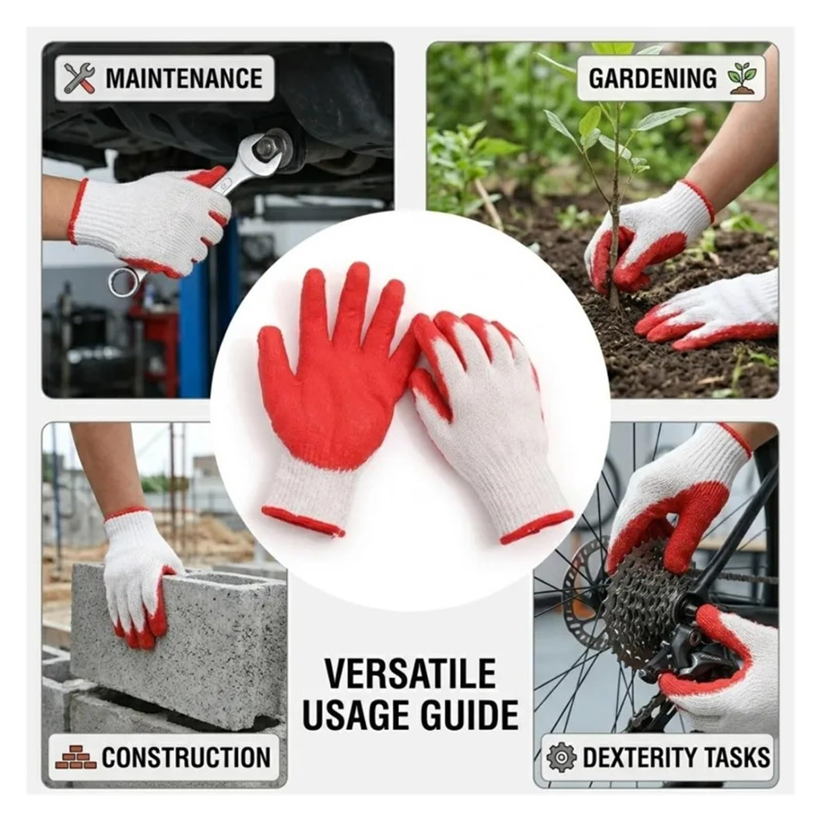 Guanti In Cotone Guanti immersi 12/1 paio Fodera in cotone gommato rosso | Giardinaggio Tornitura del terreno e operazioni di officina Uomini Donne Guanti da lavoro a mano(12 Pairs)