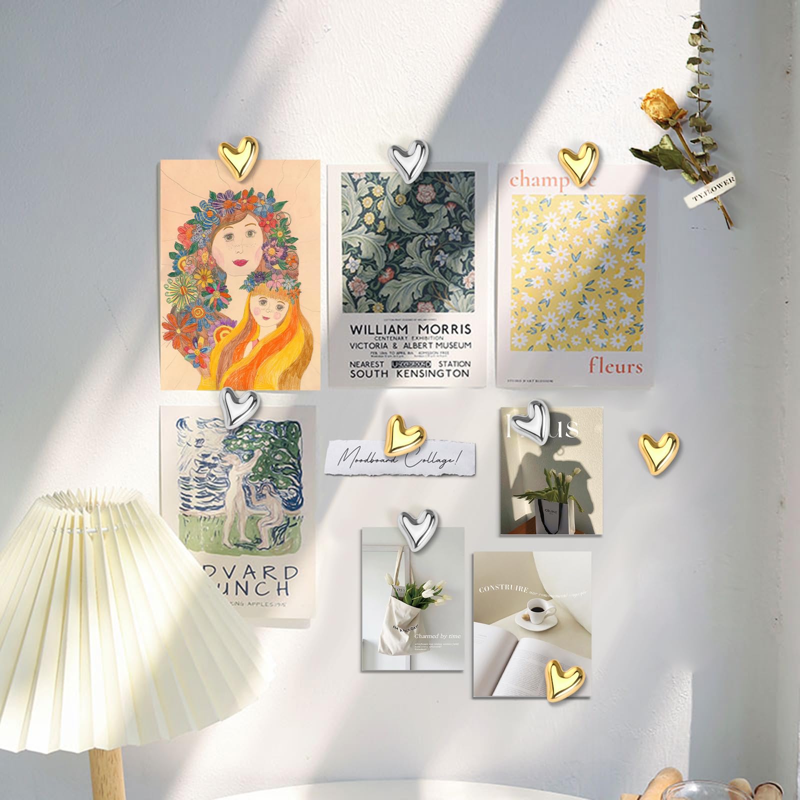 36 pines decorativos de corazón, tachuelas doradas y plateadas, chinchetas lindas para tablero de corcho, tablón de anuncios, accesorios de pared