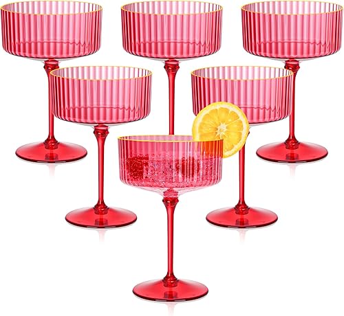 12 vasos de copa acanalados de 10 onzas desmontables con borde dorado Martini, copa de copa de champán de plástico rojo para champán, cristalería