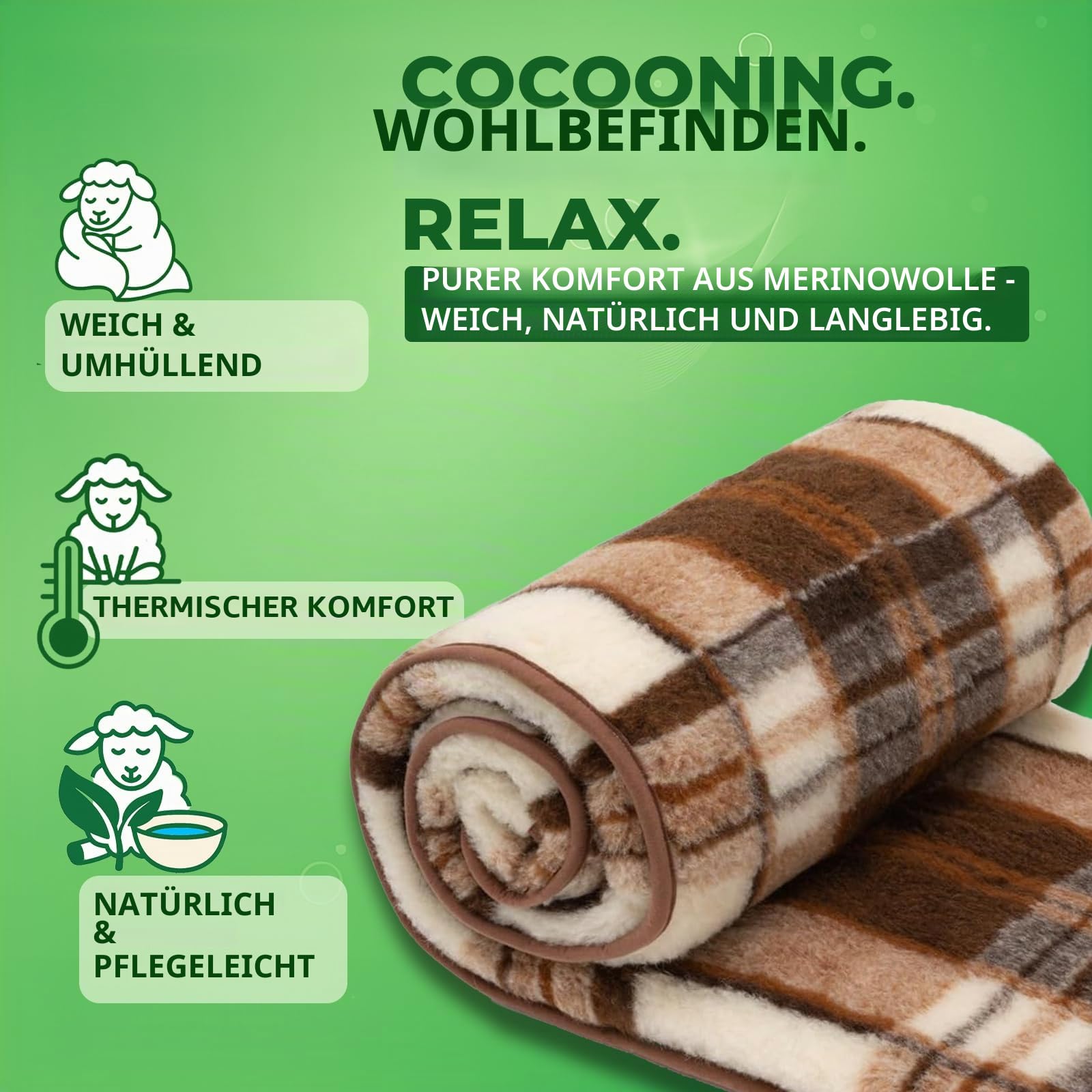 Merino Wolldecke Schurwolle 160x200 cm - Kuscheldecke aus 100% Merino Schafwolle - Groß und Flauschige Decke Wolle - Gewicht 500g/m2 - Atmungsaktives Material