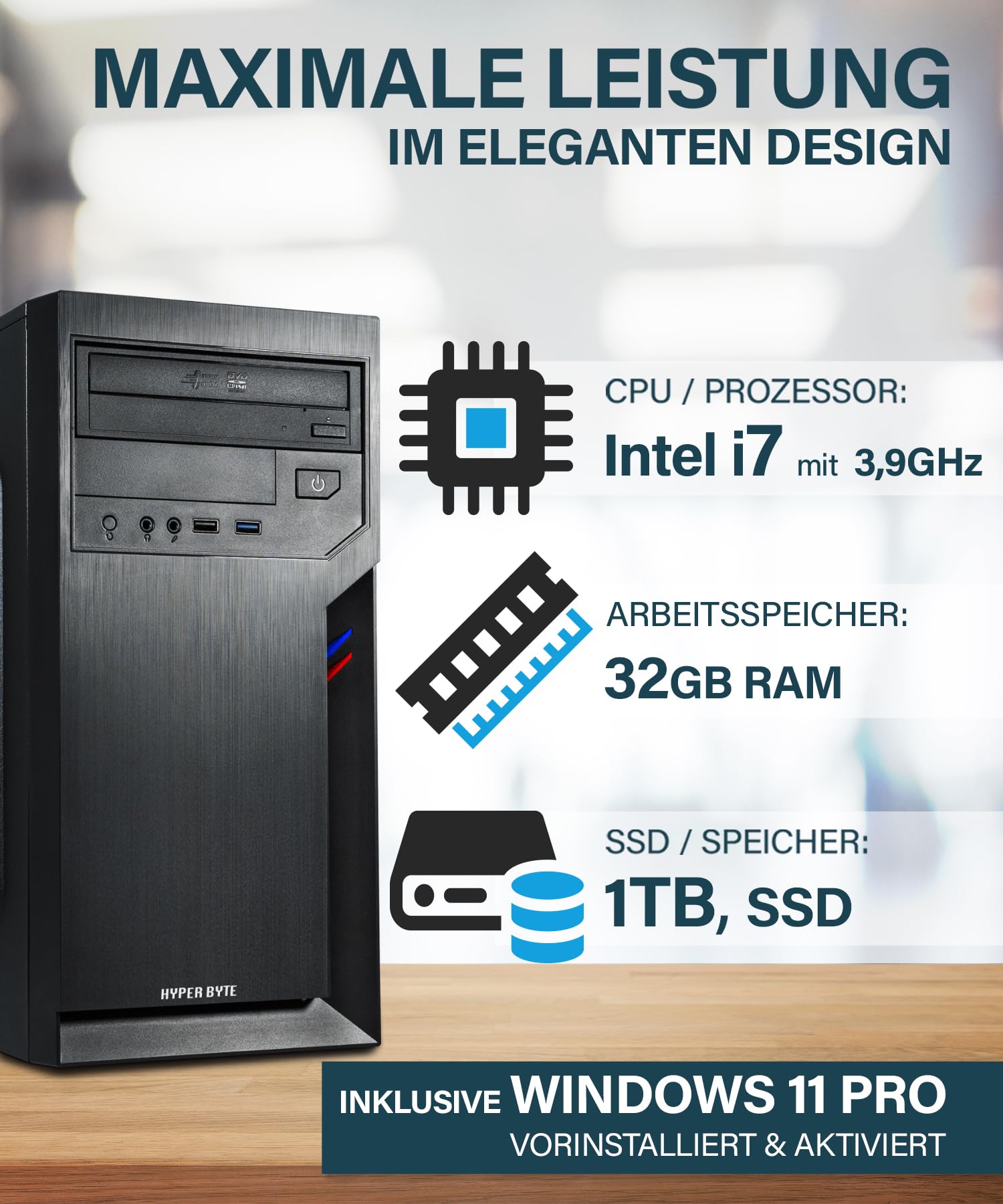 HYPER BYTE® Office PC – Computer mit Intel Quad Core i7 mit 3,9 