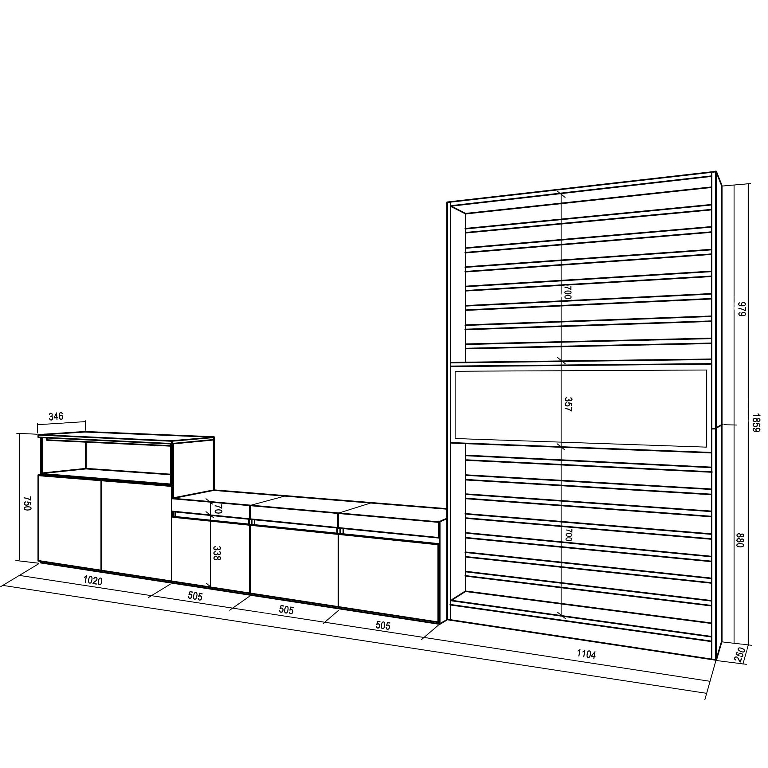 Skraut Home | Mobile Soggiorno TV | Parete Attrezzata Soggiorno | 360x186x35cm | Per TV fino a 65" | Camino elettrico | Stile moderno | Cemento