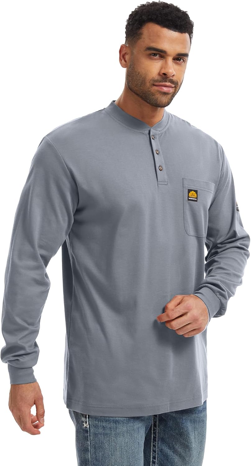 WORKWEYA 6.5oz Flame Resistant Henley Shirt 100% Cotton Lightweight FR Shirts for Men