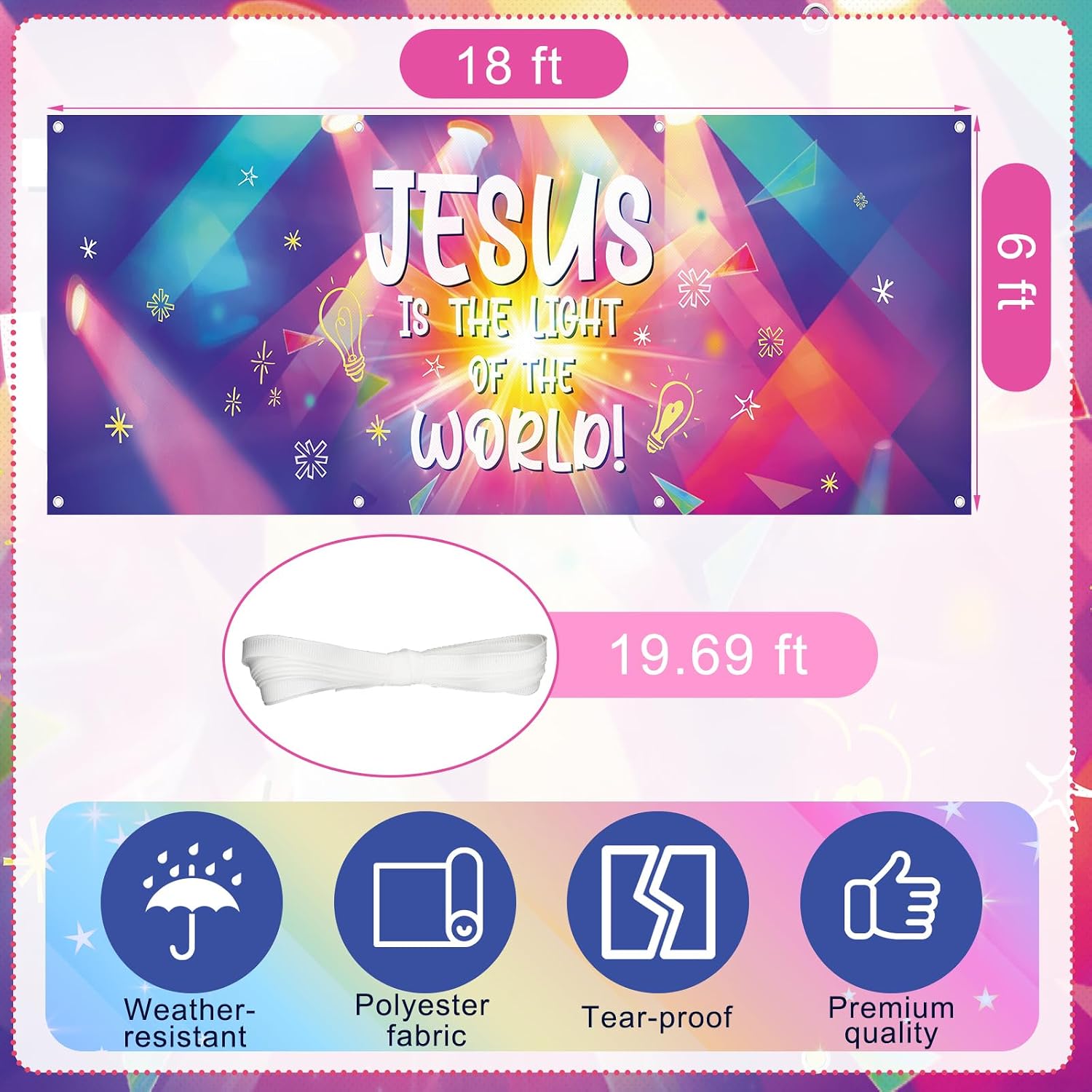 HunnmingRe 18x6 ft VBS 2026 Bible Lighting Background Vacation Bible School Decoration VBS Religious Backdrop Vacation Holiday Sunday School Church Banner for Camping Outdoor Indoor