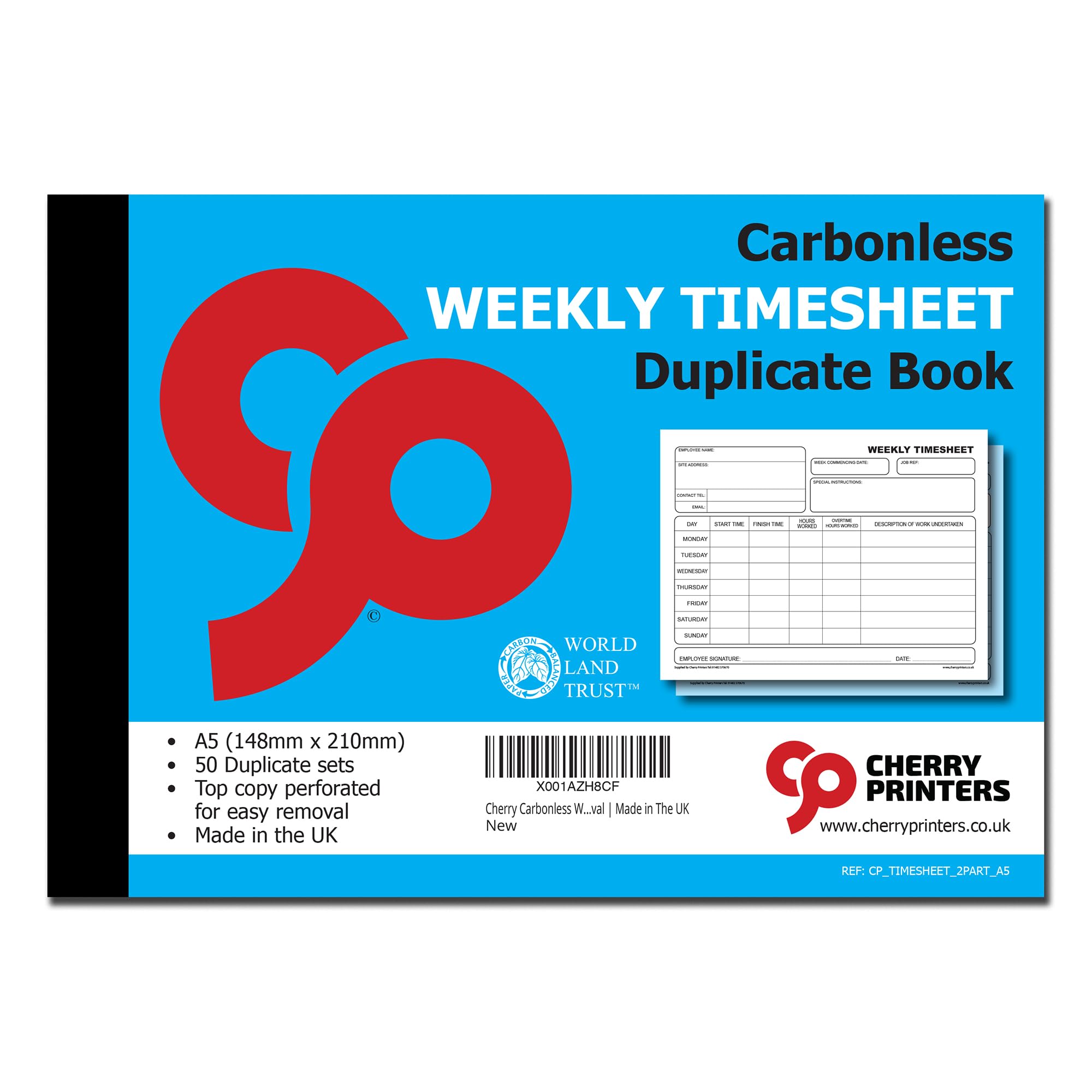Cherry Carbonless Weekly Timesheet Duplicate Book | A5 (148mm x 210mm) | 50 Perforated Sets for Easy Removal | Made in The UK