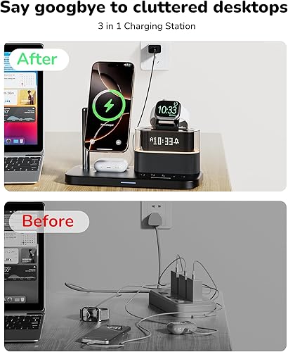 Miniatura 7 de Estación de carga inalámbrica 5 en 1 para Apple, cargador Mag-Safe con reloj despertador luz nocturna para múltiples dispositivos, estación de carga