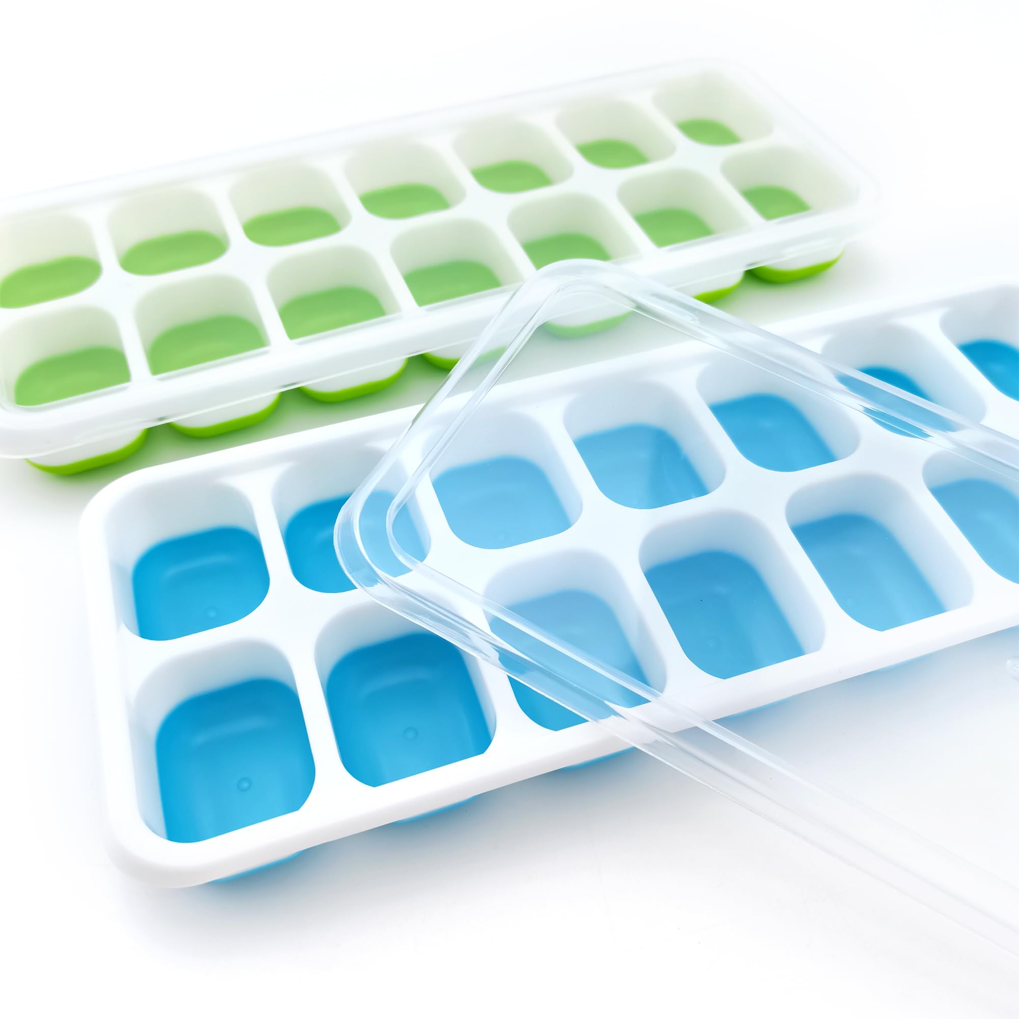 2 bandejas para cubitos de hielo con tapas, 14 moldes para cubitos de hielo, bandejas de hielo reutilizables de silicona de fácil liberación para cócteles, café, bebidas (verde, azul) 6