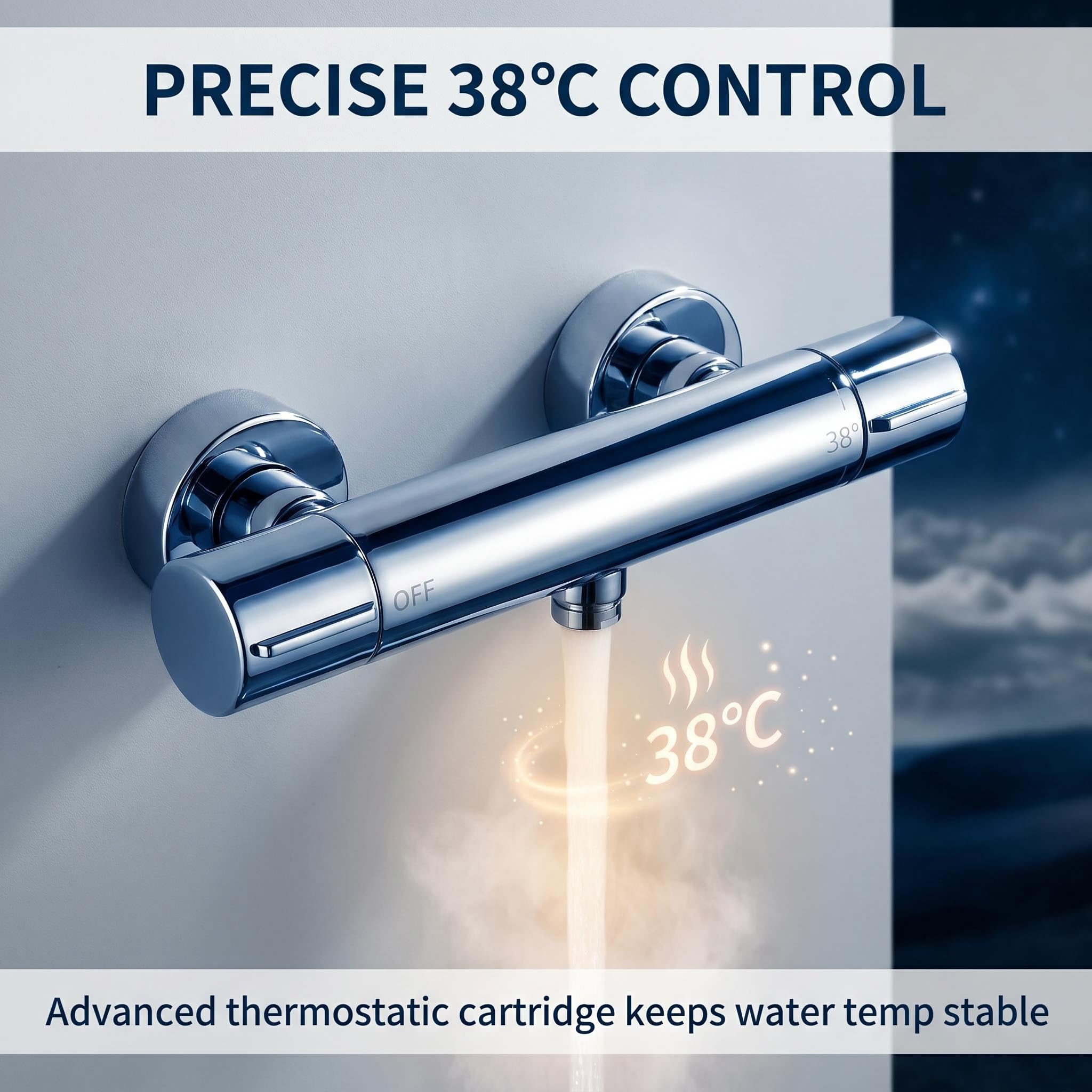Mezclador de Ducha Termostático 38℃ SalidaG1/2 Cromo Cuerpo de Latón | Núcleo de Cobre Puro,Revestimiento interior sin Plomo,Salida G1/2" Grifo de Ducha Latón Montado en Pared para Baño y Bañera