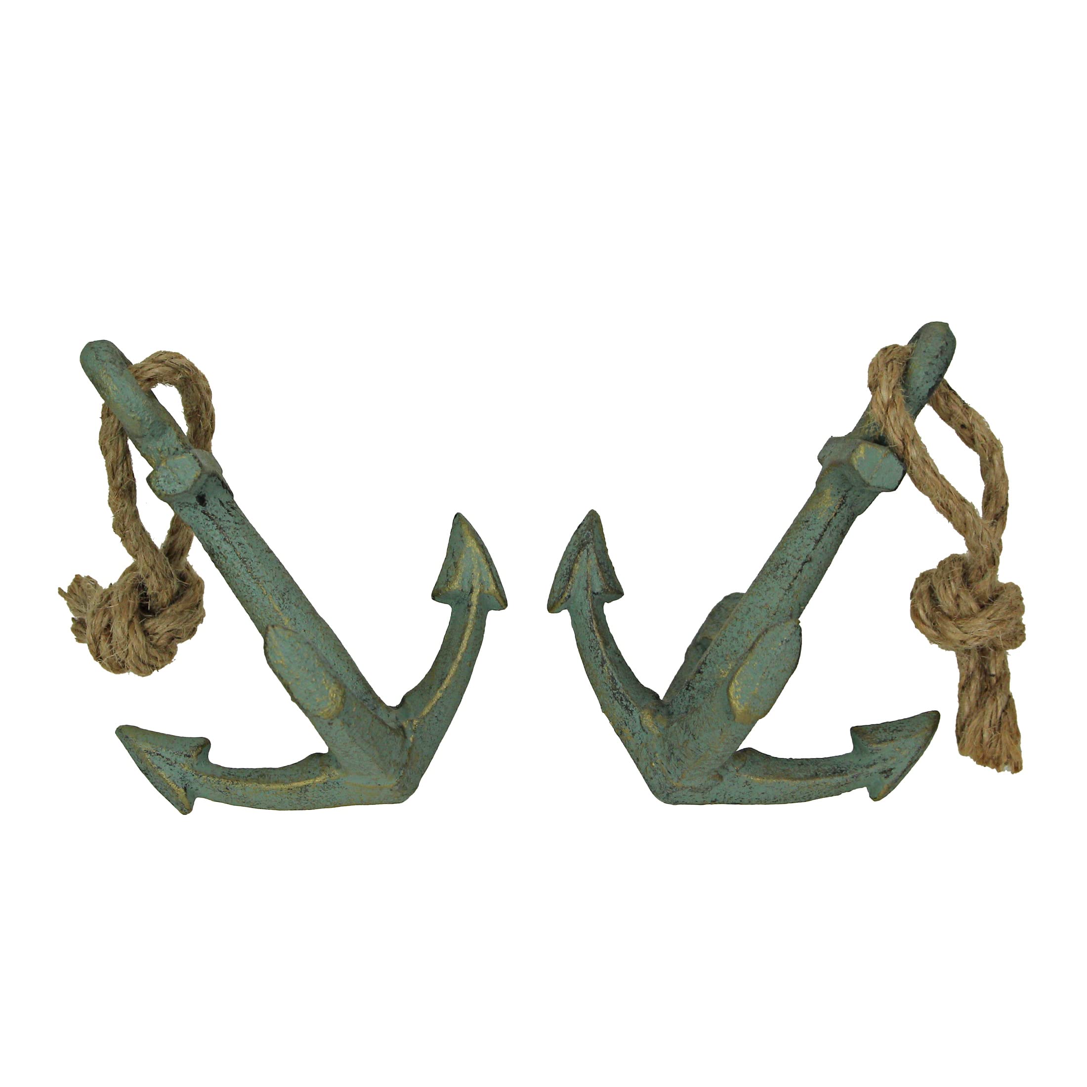 Zeckos Set of 2 Verdigris Cast Iron Ship Anchor Bookends Nautical Home Decor Sculptures