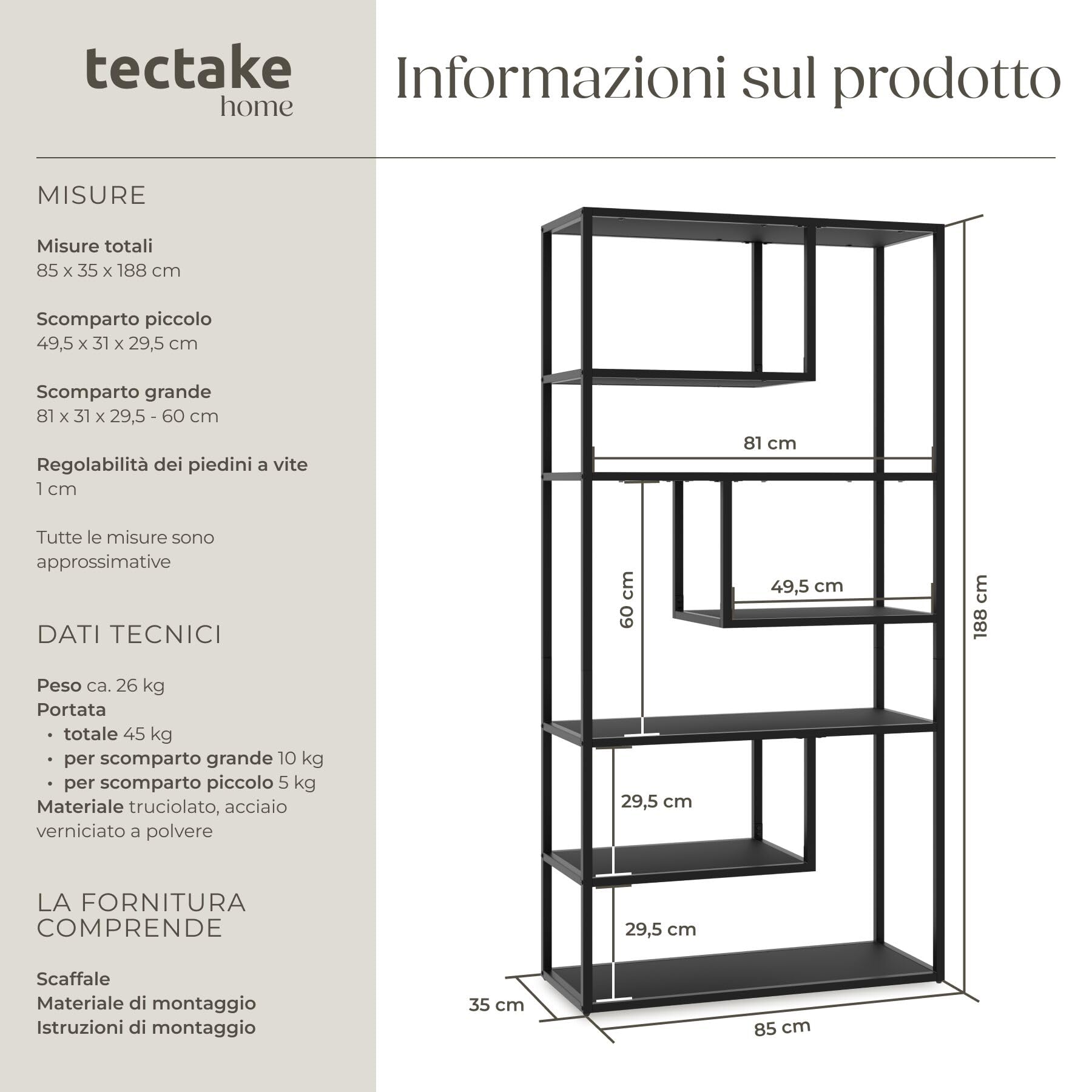 tectake® Scaffale Autoportante con 6 Scomparti, Libreria Scaffale con Ripiani in Metallo e Legno, Libreria Moderna, Libreria Industriale per Casa, Ufficio, Cucina, Garage, 85x35x188 cm - Nero