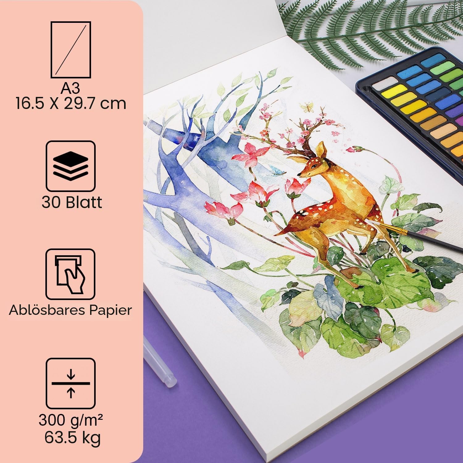 Stationery Island Aquarellpapier A3 300g, 30 Blatt Aquarellblock A3, Aquarell Papier für Wasserfarben, Aquarell Skizzenbuch, Watercolor Paper für Studenten,Anfänger, Skizzenbuch Aquarell