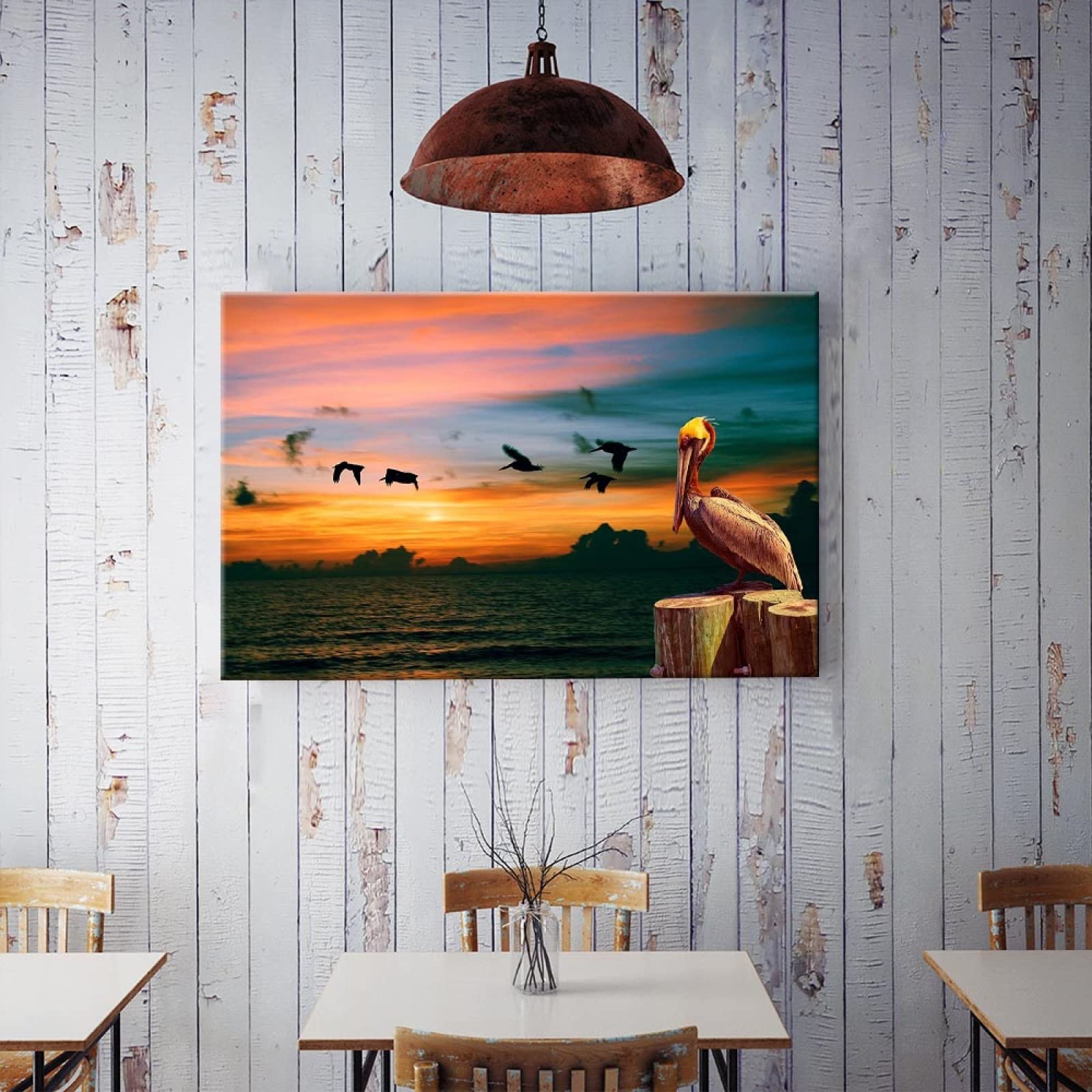 JIUJIUJIU Landschaft Wandkunst Malerei Wandbild Sonnenuntergang Nachglühen Meer Wasservogel Drucke &; Poster Leinwand Bilder Kunstwerk für Wohnkultur, 42 * 60 cm, gerahmt