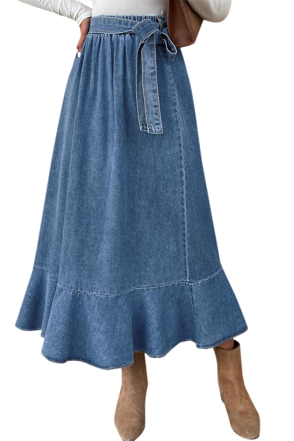yoeasy Womens Denim Skirt Casual Elastic High Waist Flowy Ruffle Swing A-Line Maxi Jean Skirts with Belt