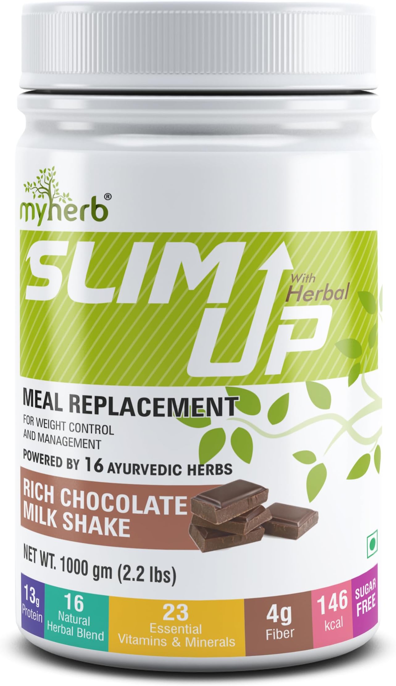 MYHERB Slim Up Meal Replacement Shake With 15 Natural Herbal Blend (Ayurvedic Formula) For Weight Control&Management-13.5g Protein-23 Vitamins For Men&Women (Chocolate Milk Shake, 1000 gm)