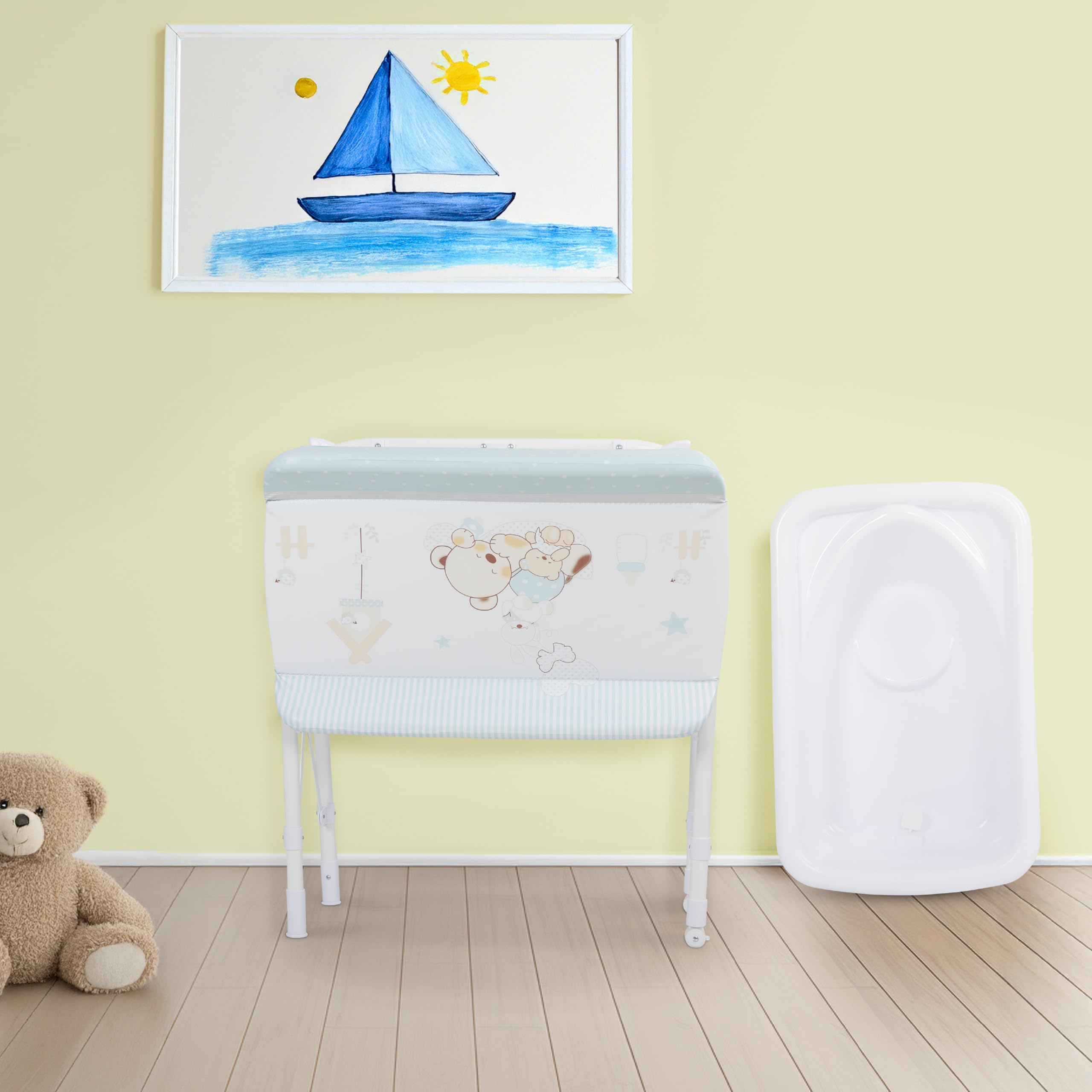 Toral Bañera Cambiador Bebe Mueble con Patas - Bañera Bebe Con Bandeja Separadora y Ruedas con Freno - Cambiador con Medidor de Altura - Modelo Azul