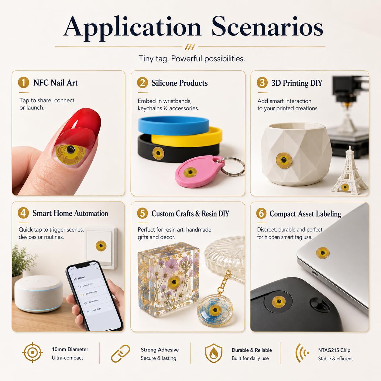 Lot de 126 étiquettes NFC NTAG215 FPC flexibles NFC résistantes à la chaleur Étiquettes électroniques NFC Key Tags Matériau programmable RFID autocollant rond 10 mm