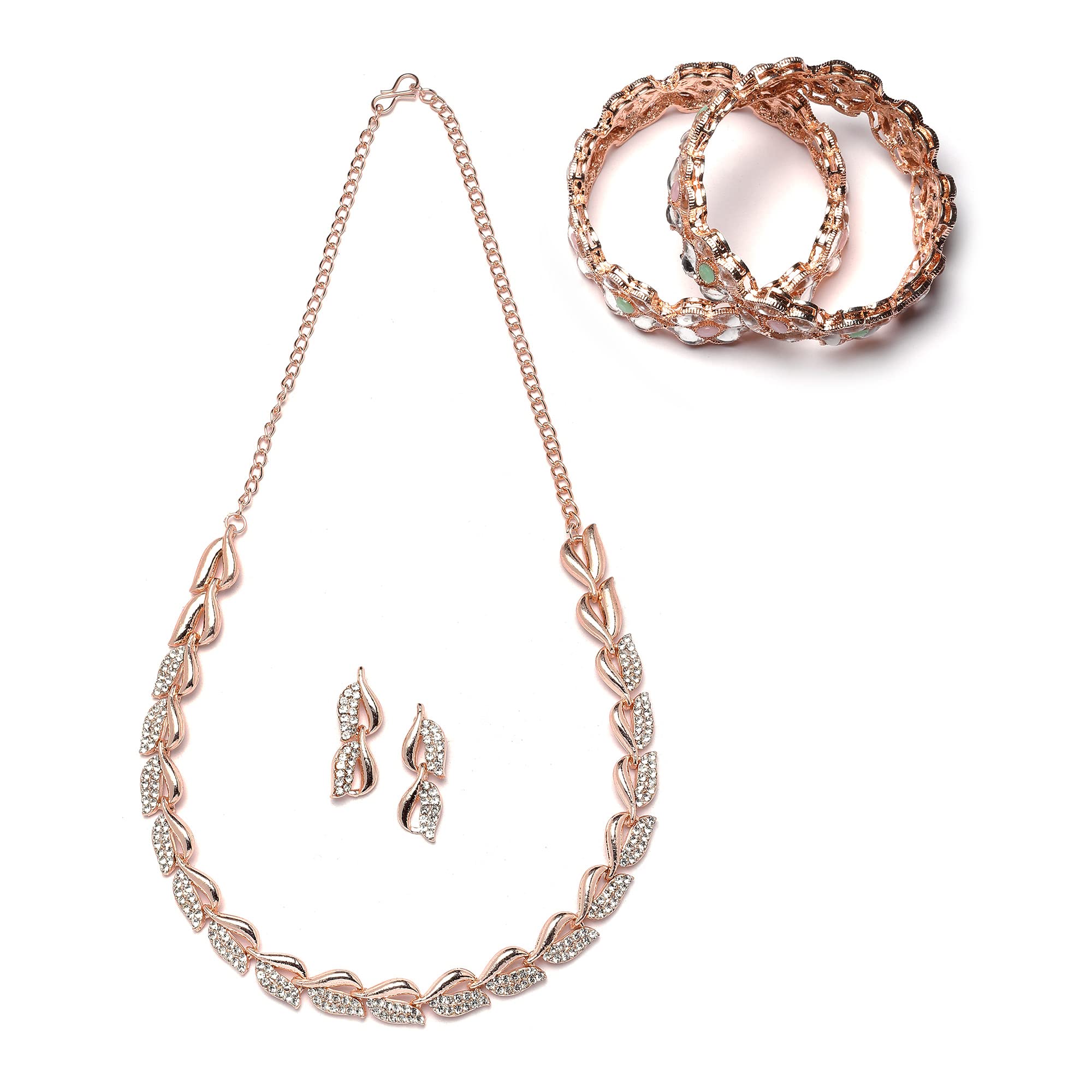 KENNICE Rose Gold-Plated Multi-Colour American Diamond studded Leaf Shaped Necklace With Earrings and Bangles Jewellery Set For Girls & Women (B0C4YG7GDT) Amazon Price History, Amazon Price Tracker