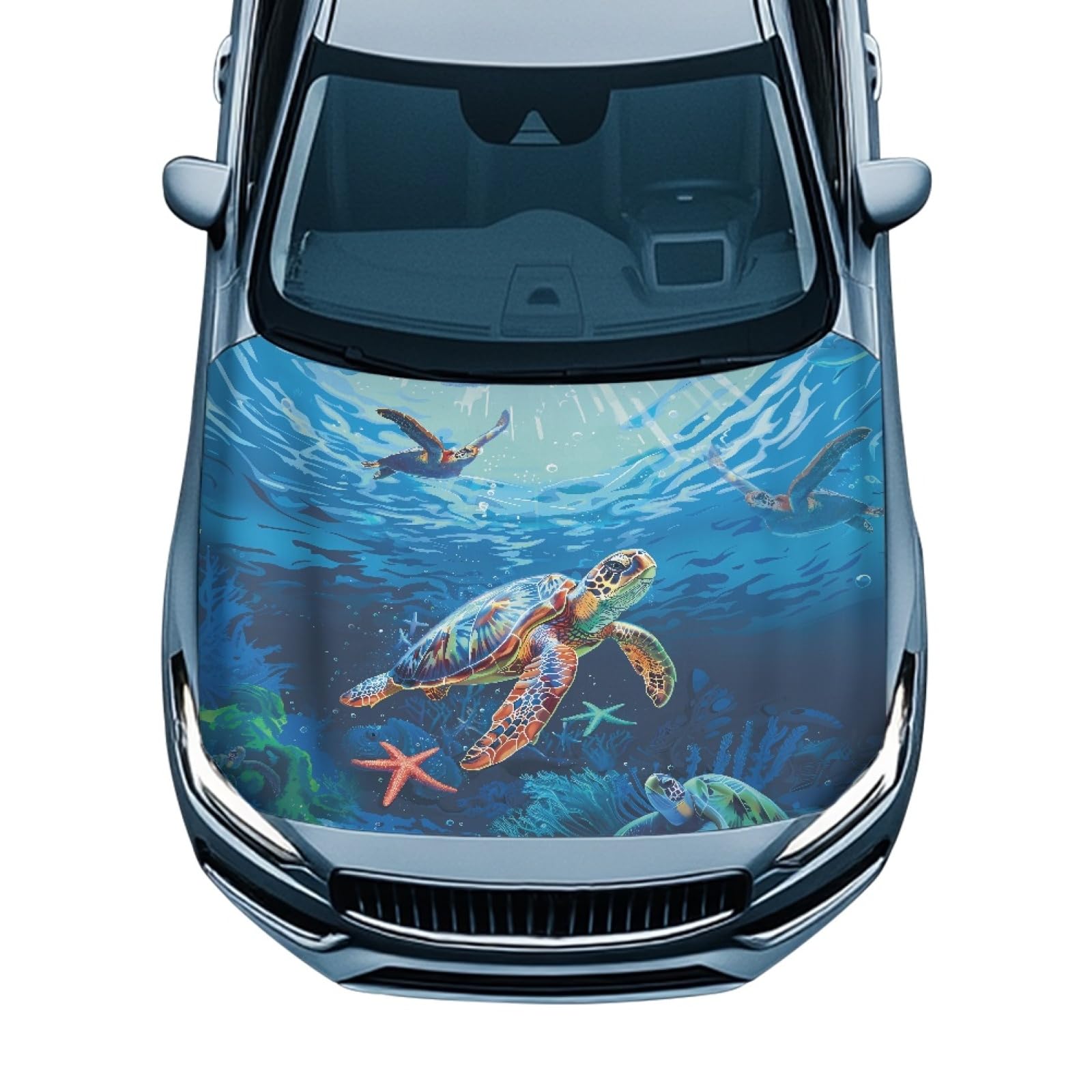 Sea Turtle Car Hood Cover Elastic Fabrics Car Hood Cover Protector Vehicles Decorate Engine Easy to Install and Clean Car Decor Accessories Fit Most Car