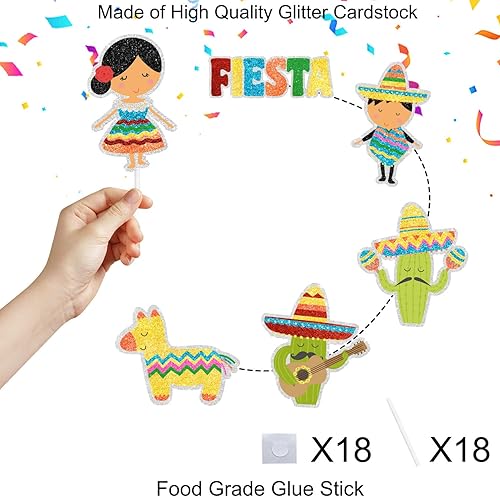 Miniatura 3 de Juego de 18 adornos para cupcakes de fiesta mexicana, perfecto para fiestas temáticas de cumpleaños, baby shower para niños o niñas