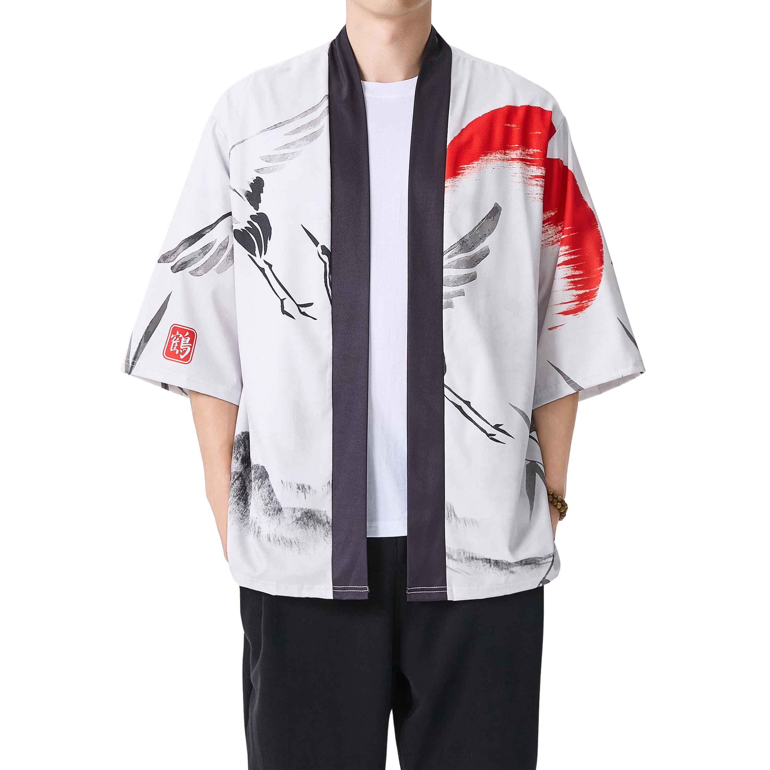 Men's Kimono Jacket Lightweight 3/4 Sleeve Kimono Cardigan Japanese Robe