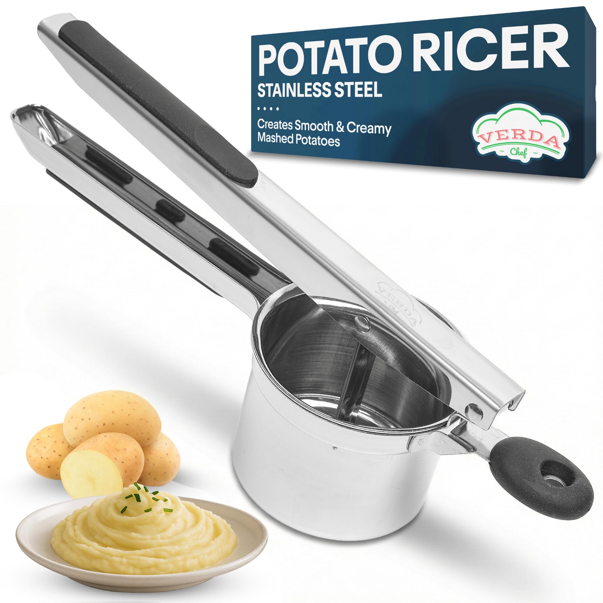 Verdachef Heavy Duty Stainless Steel Potato Ricer – Potato Ricer Masher Large Capacity Food Press with Ergonomic Soft-Grip Handles | Rustproof Vegetable & Baby Food Maker