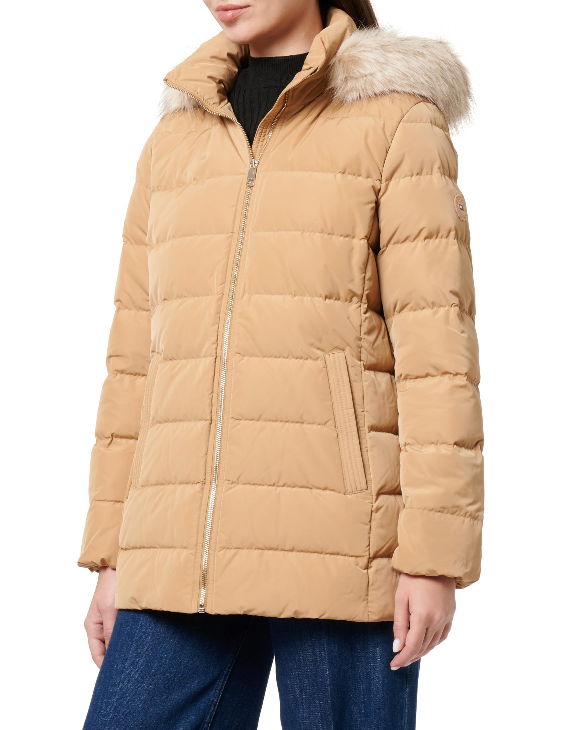 Tommy Hilfiger Women's Long Heritage Down Tyra Jacket with Fur, Green (Classic Khaki), M