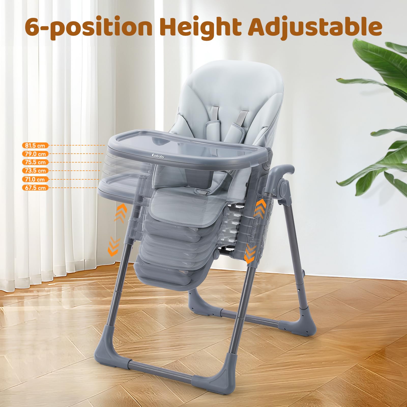 Hochstuhl Baby Klappbar Kinderstuhl 6 Höhen Kinderhochstuhl Kombihochstuhl Babyhochsitz Verstellbare Rückenlehne (Grau)