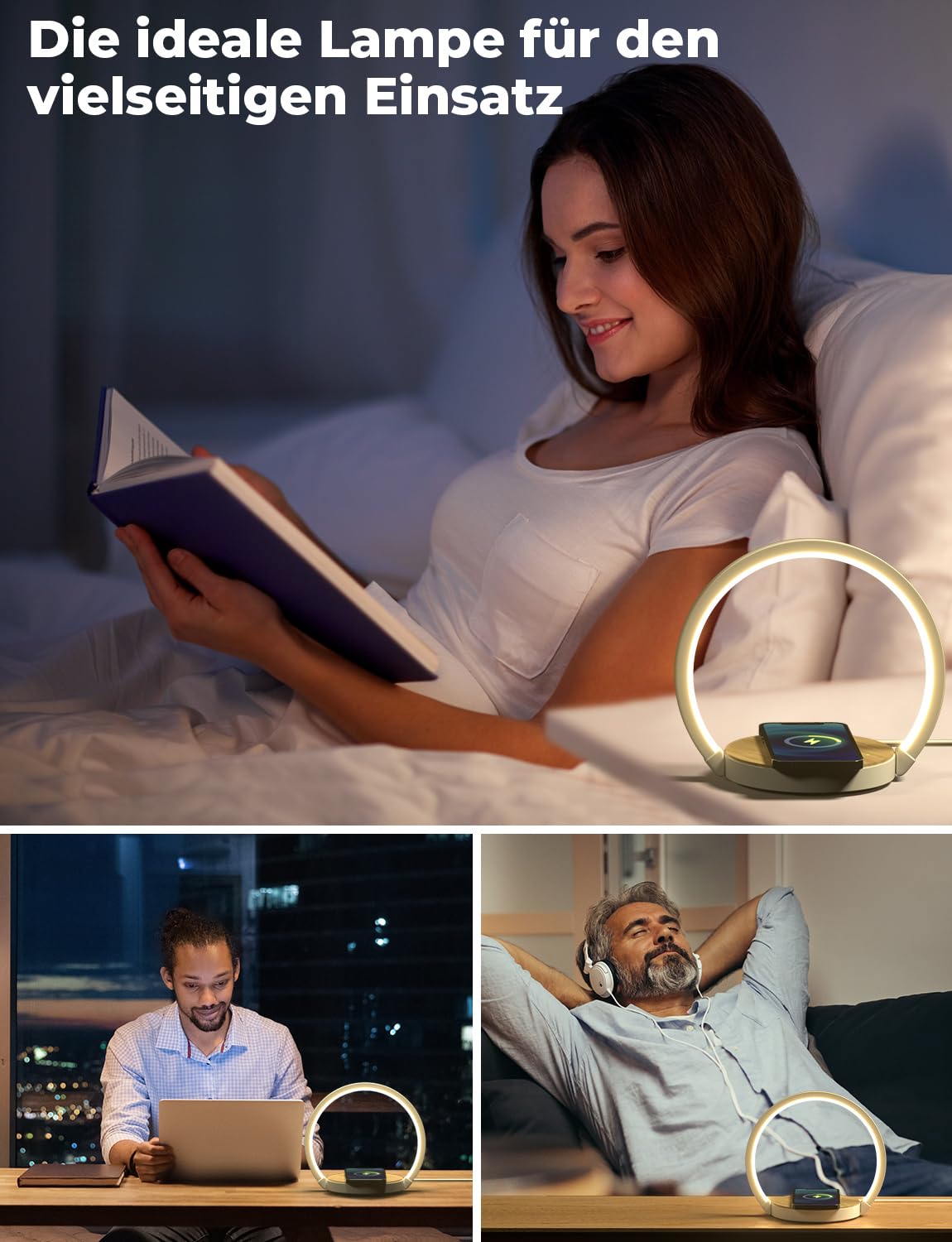 Nachttischlampe mit ladefunktion, Touch Dimmbar Nachtlicht Wireless Charger 15W, LED Tischlampe mit 3 Stufige Helligkeit für Schlafzimmer Wohnzimmer Büro