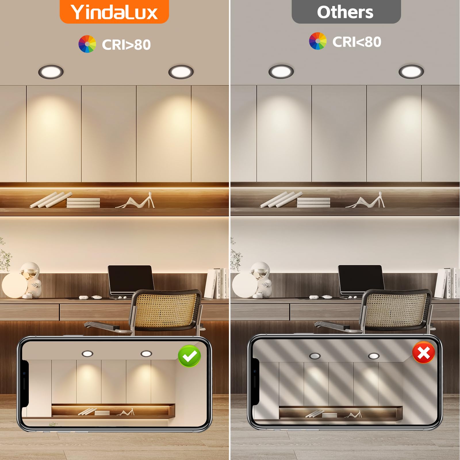 YindaLux Zestaw 6 reflektorów LED do zabudowy, 230 V, 3 W, 3000 K, ciepła biel, reflektor LED, ultra płaski, 300 lm, otwór 55-58 mm i 15 mm, płaski, IP44 lampa do zabudowy meblowej LED do szafki z