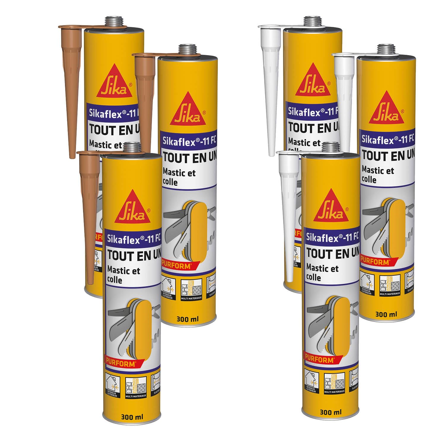 SIKA - Lot de Mastic, joint et colle multi-usages multi-supports - Sikaflex 11FC Purform - Intérieur et extérieur - Lot de 3 cartouches Beige de 300ml + 3 cartouches Blanches de 300ml