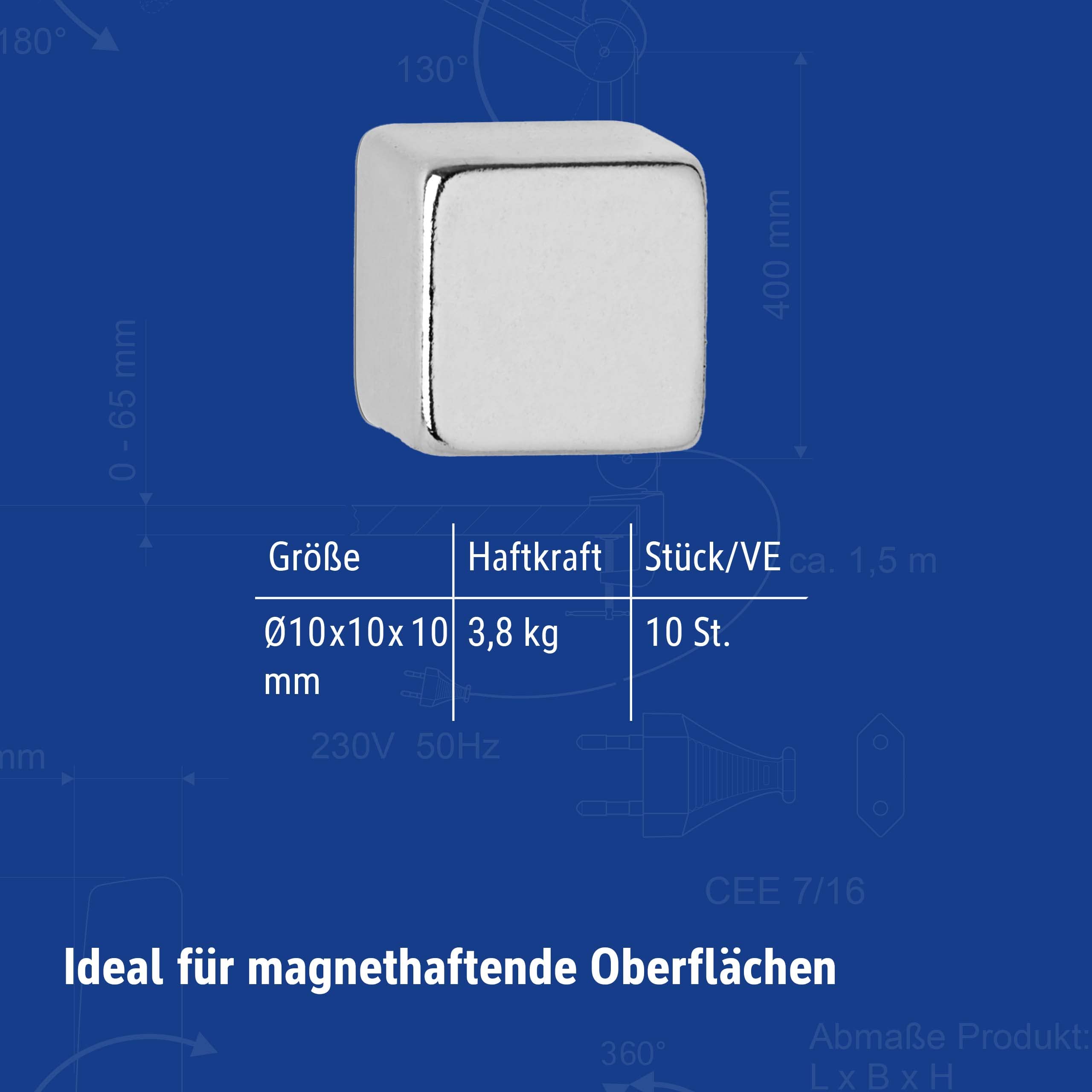 MAUL Magnes Neodymowy w Kształcie Kostki – Magnes O Dużej Przyczepności do Wszechstronnego Zastosowania – Silny Magnes O Eleganckim i Nowoczesnym Wzornictwie – 10 X 10 X 10 Mm – Opakowanie 10 Sztuk –