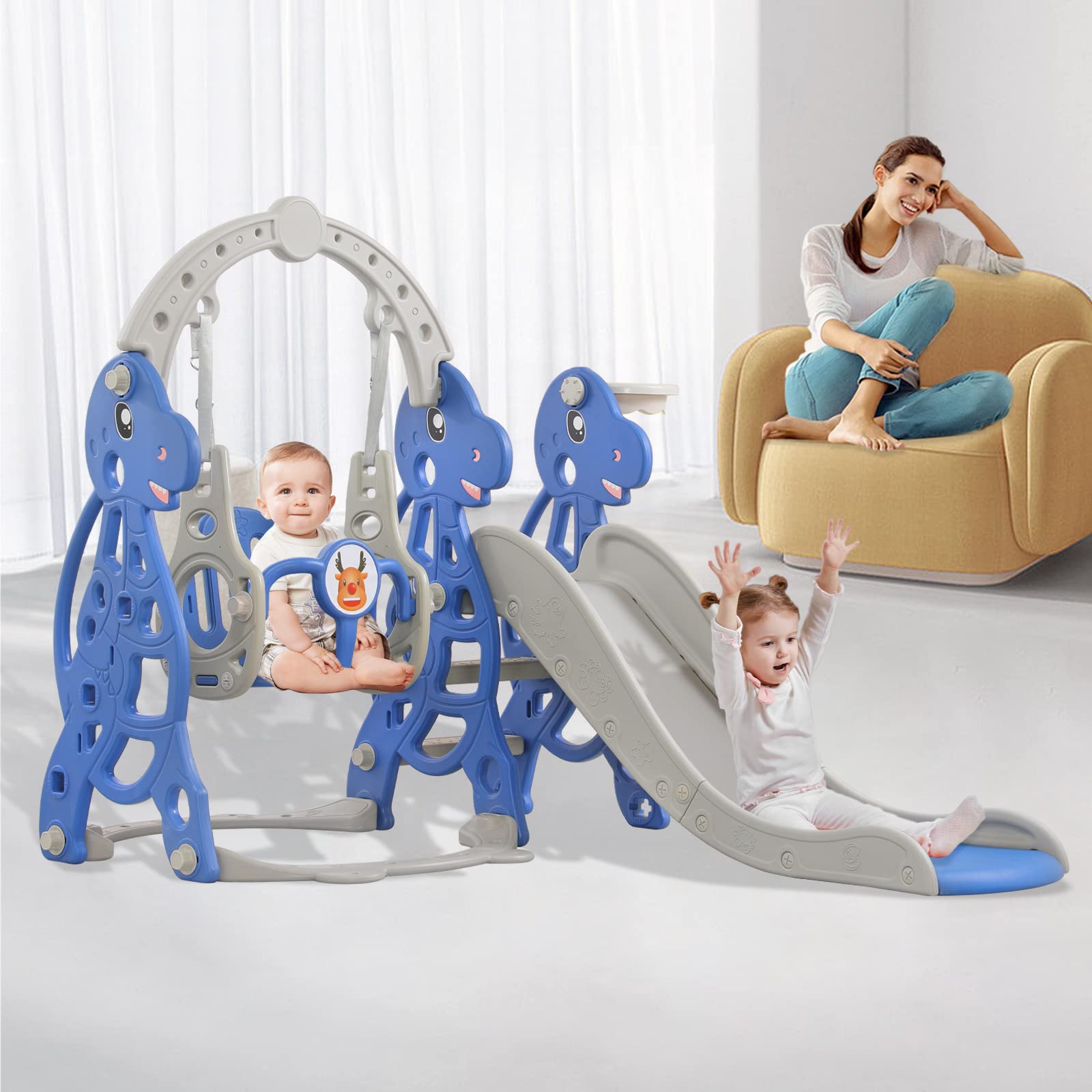 FIVMEN Scivolo per bambini, 4 in 1, set di scivoli per bambini, per interni ed esterni, con cestino da basket e sedia a dondolo, per massimo 50 kg a partire dai 1 ai 6 anni (tipo B, arco)