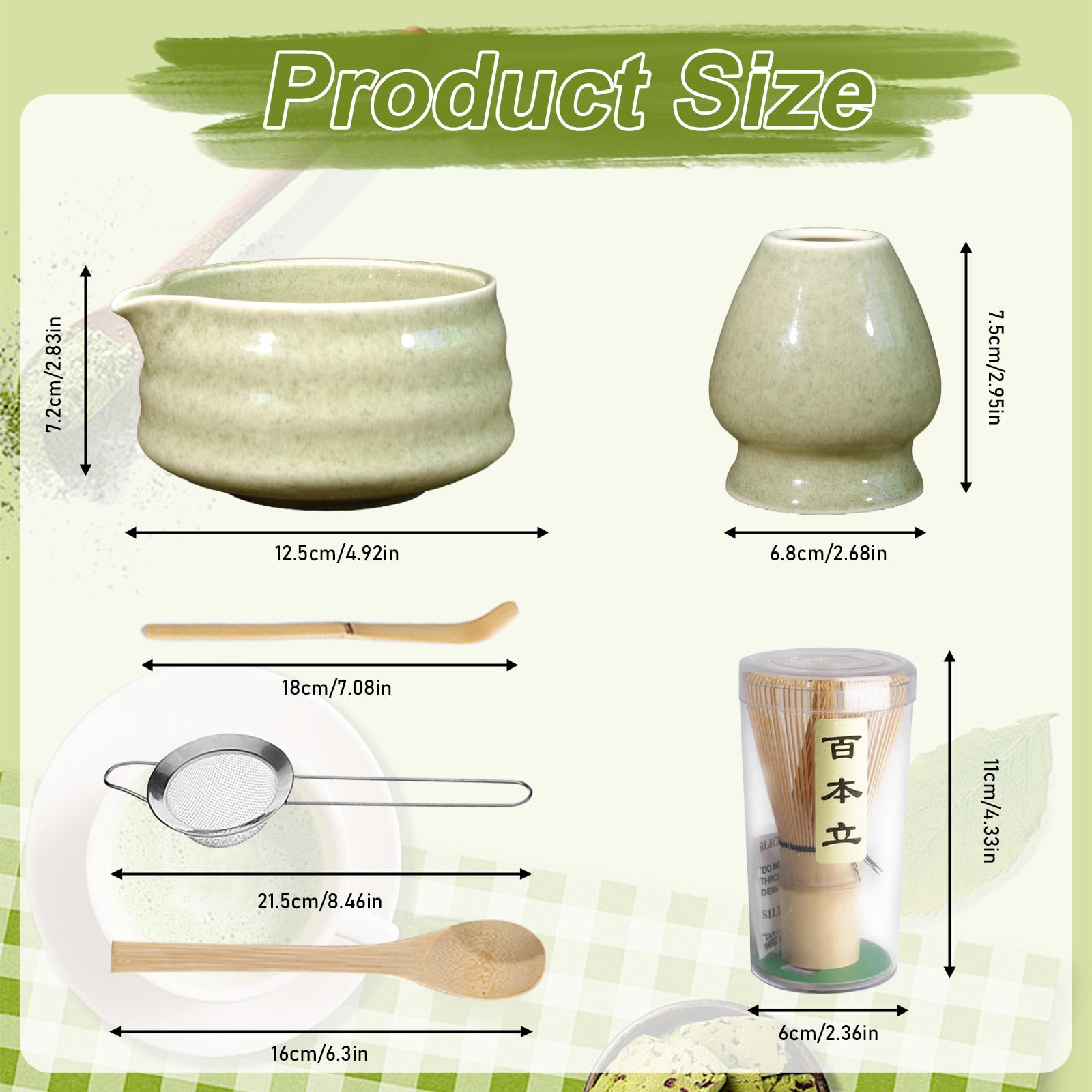 6-teiliges Japanisches Matcha Set, Matcha-Schale mit Ausgießer, Matcha-Besen Filtersieb Löffel Besenhalter & mehr, Stilvolles Tee-Set für Einsteiger & Matcha-Liebhaber (Matcha)