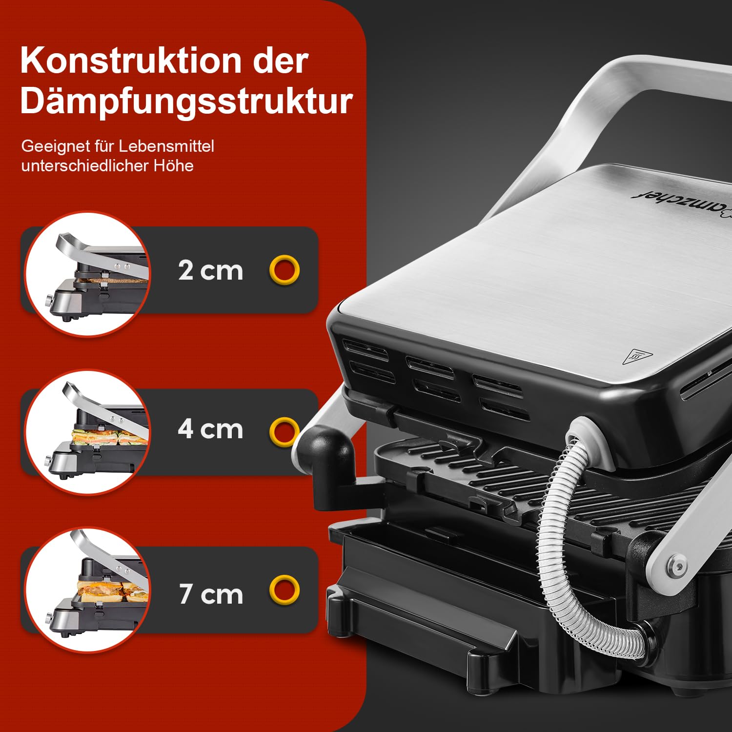 AMZCHEF Kontaktgrill XXL 2000W 4-in-1 Multifunktionsgrill mit Wechselplatten, Panini Grill, Waffeleisen & Sandwichmaker, 80–230°C, Timer, 180° Tischgrill, Antihaft
