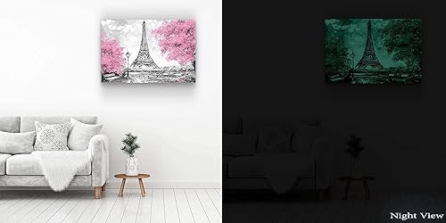 Miniatura 7 de Startonight Lienzo decorativo para pared, diseño abstracto de París, ciudad del amor, árboles rosados, pintura Eiffel, enmarcado de 32 x 48 pulgadas