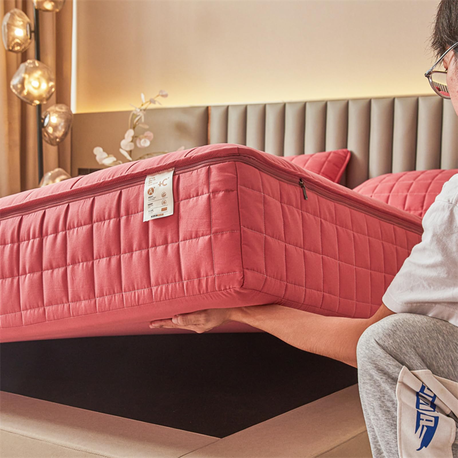 Protège-matelas imperméable rouge – Housse matelassée à fermeture éclair pour 135 x 190 cm Convient aux tailles 140/160 x 190 cm et amovible, parfait pour le rangement et la protection des