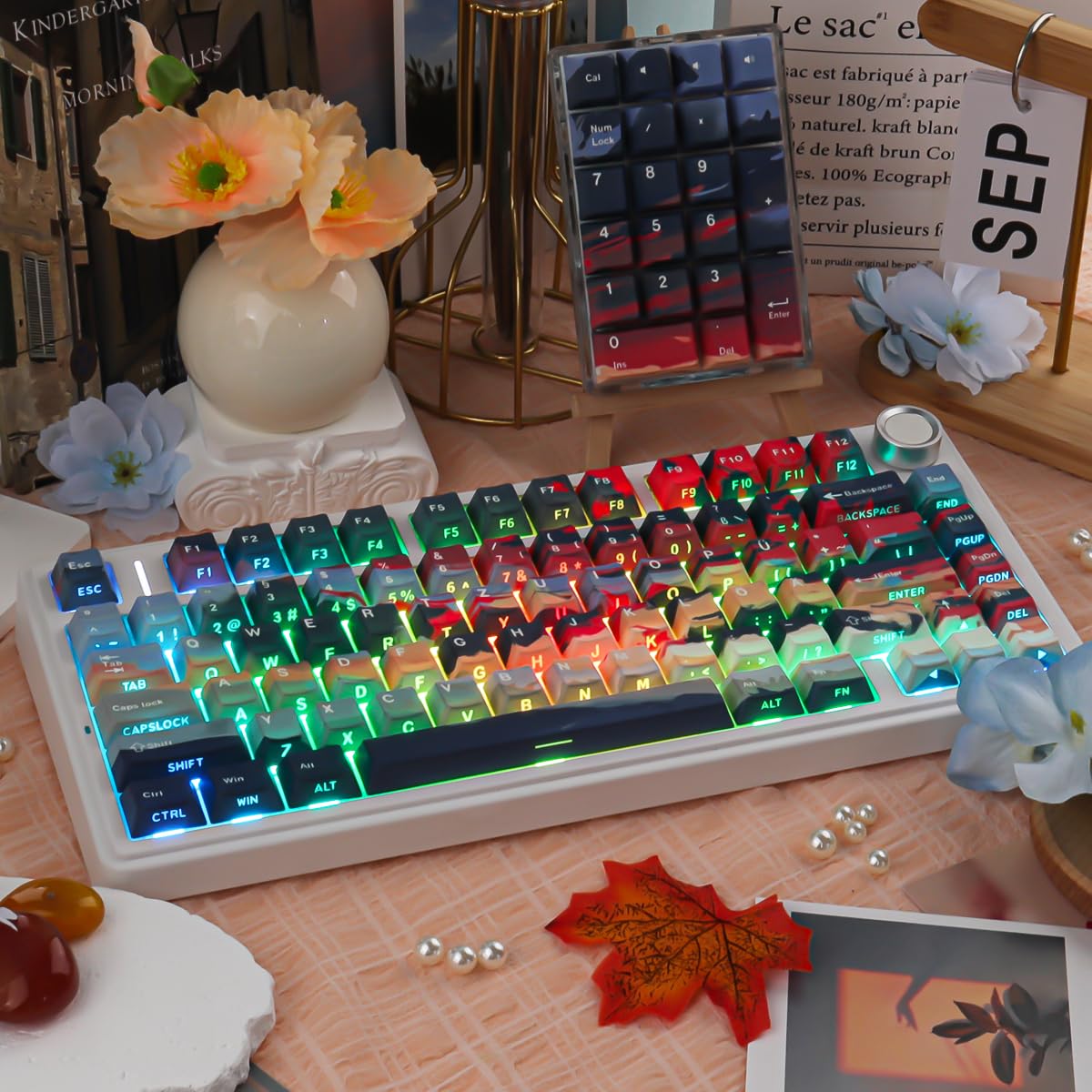 PBT ISO Keycaps, 133 Keys Cloud and Mist Keycaps, Side Print Shine Through Custom Keycap for Cherry MX Switch German QWERTZ Layout Mechanical Keyboards