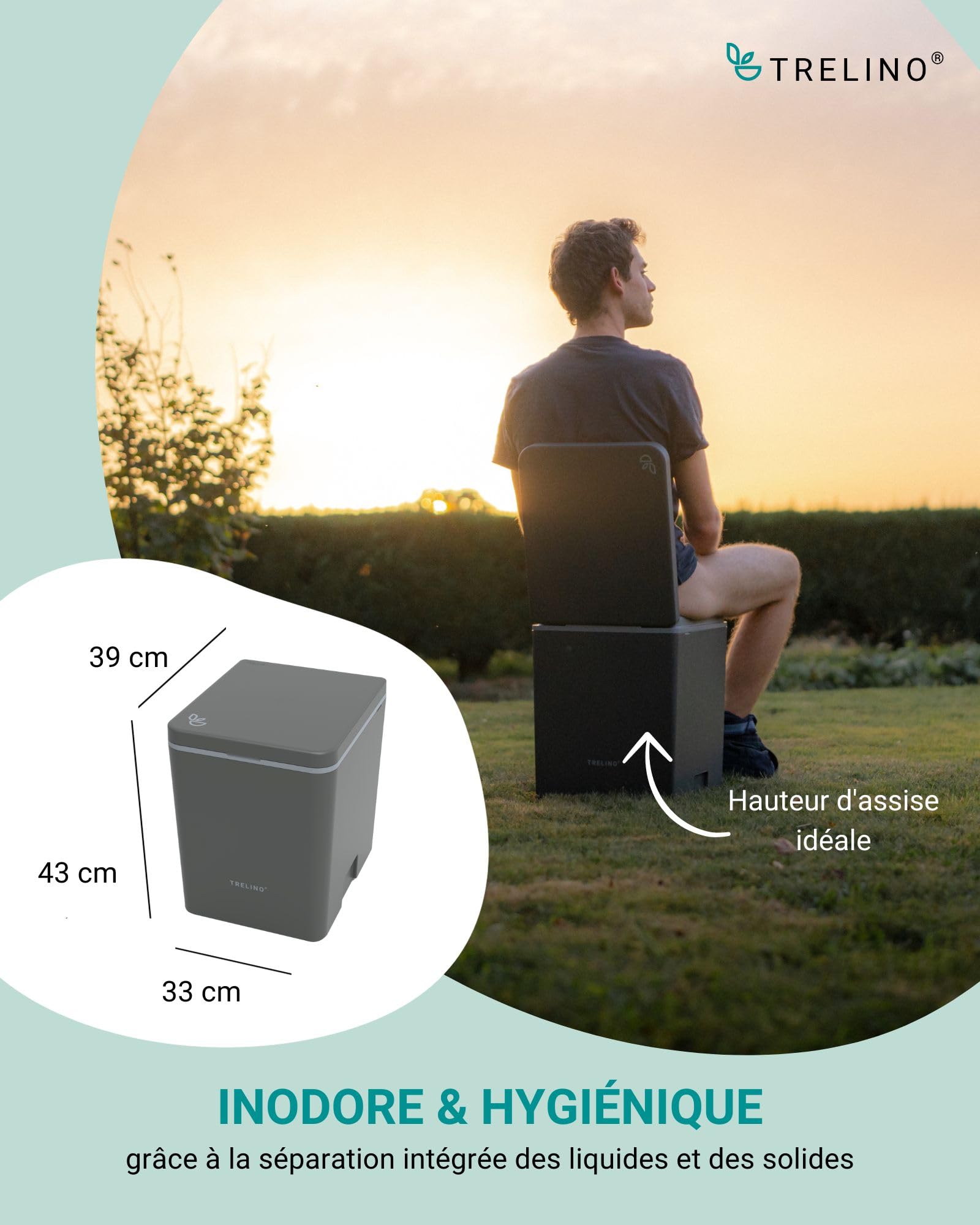 TRELINO Evo L Anthracite (39 x 33 x 43 cm), Toilette sèche avec séparateur, Toilette Portable pour Camping et Plein air, 2 x 10 L capacité